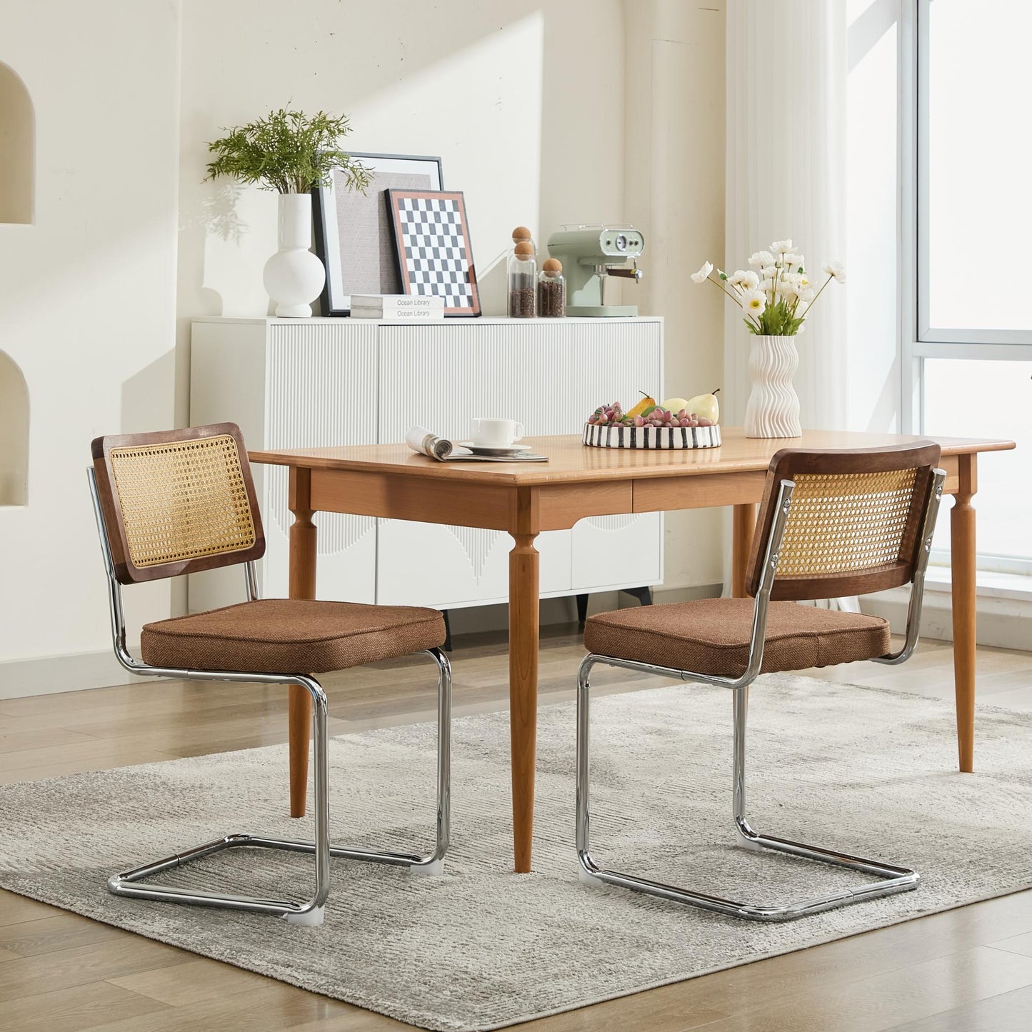 Mid Century Modern Dining Chairs Set Of 2, Linen Accent Chairs With Natural Cane Back & Stainless Chrome Base, Famous Breuer Designed Chairs, Upholstered Rattan Kitchen Chairs,Coffee Color,SW1851CF