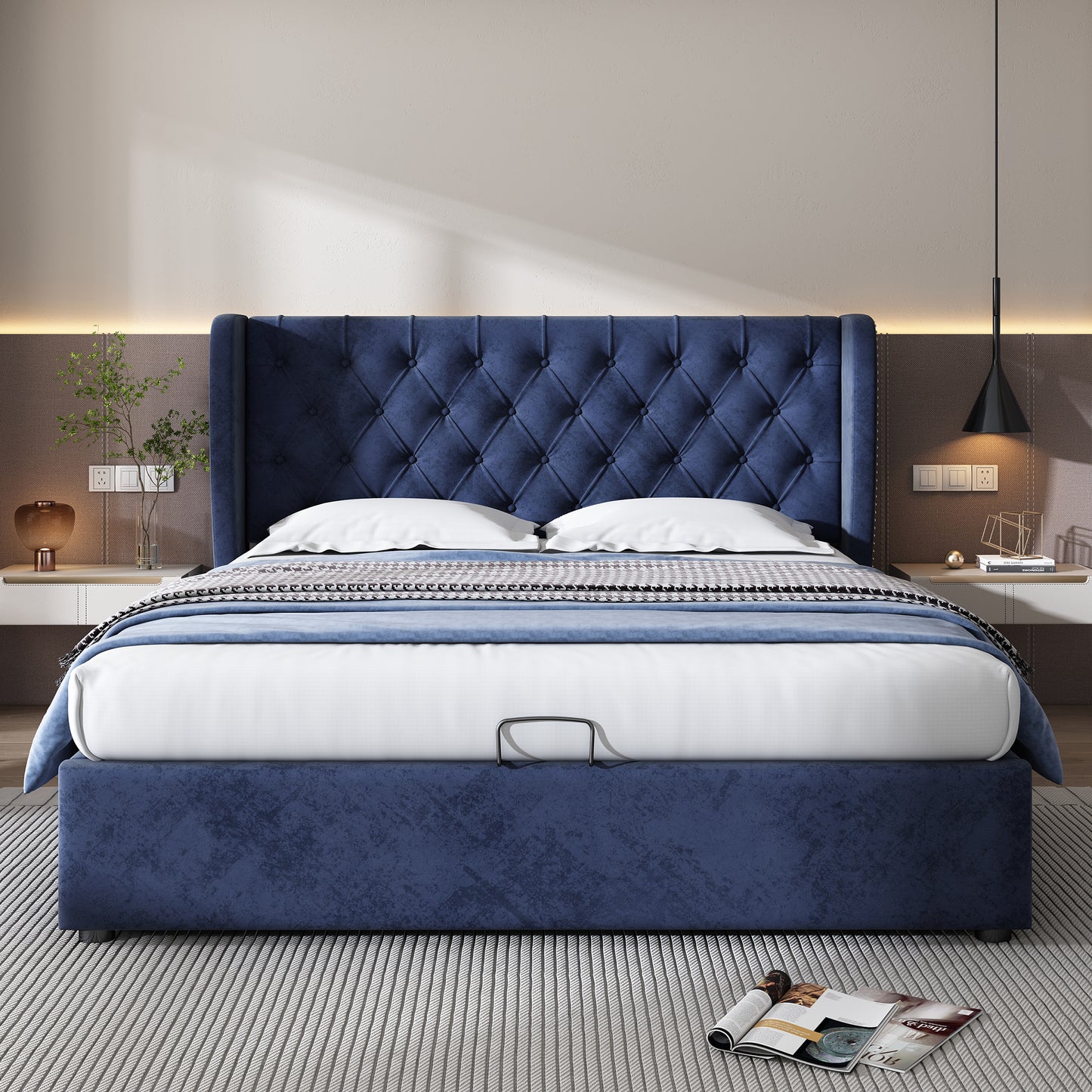 Upholstered Bed, With Hydraulic Lever, Functional Bed From Storage, 135 X 190 Cm, Without Mattress, Velvet, Blue
