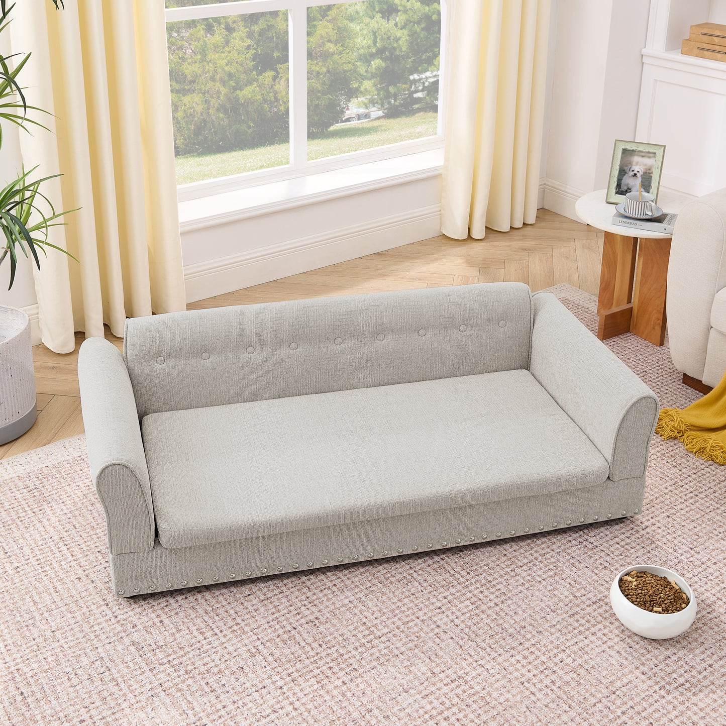 Oversized Pet Sofa ,Elegant Modern Linen Fabric Elevated Dog Sofa Bed, Comfortable Oversized Rectangular Pet Bed With Backrest & Armrest For Large & Oversized Dogs-Beige