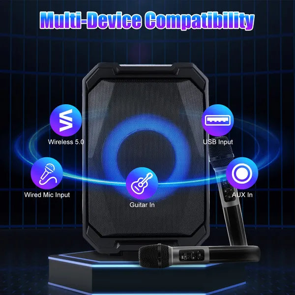 Portable Wireless Party Speaker With LED Light 2 Wireless Mics Remote Control TWS Music Accompany Mic. Priority Bass Echo Mic Treble Guitar In