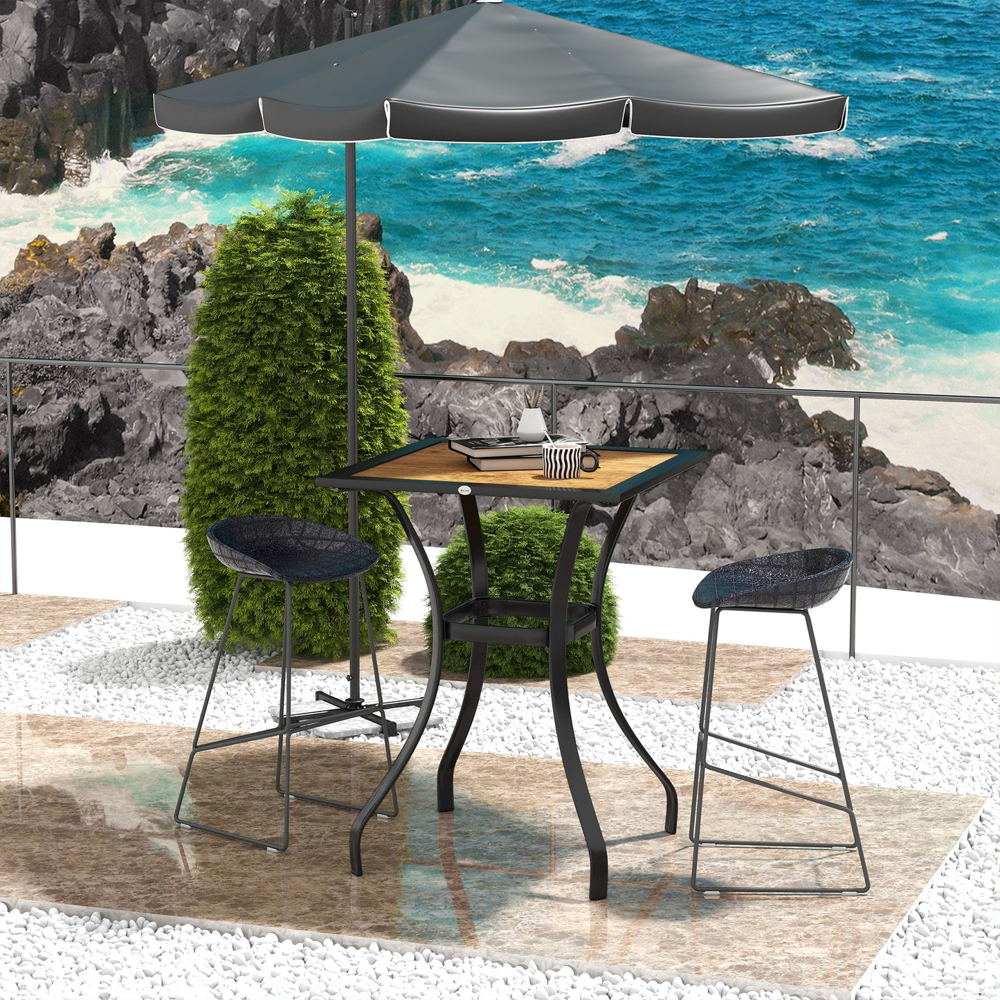 28" Outdoor Dining Table, Faux Wood Patio Furniture, Square Wood-Like Garden Table with Water Safe Design, Brown