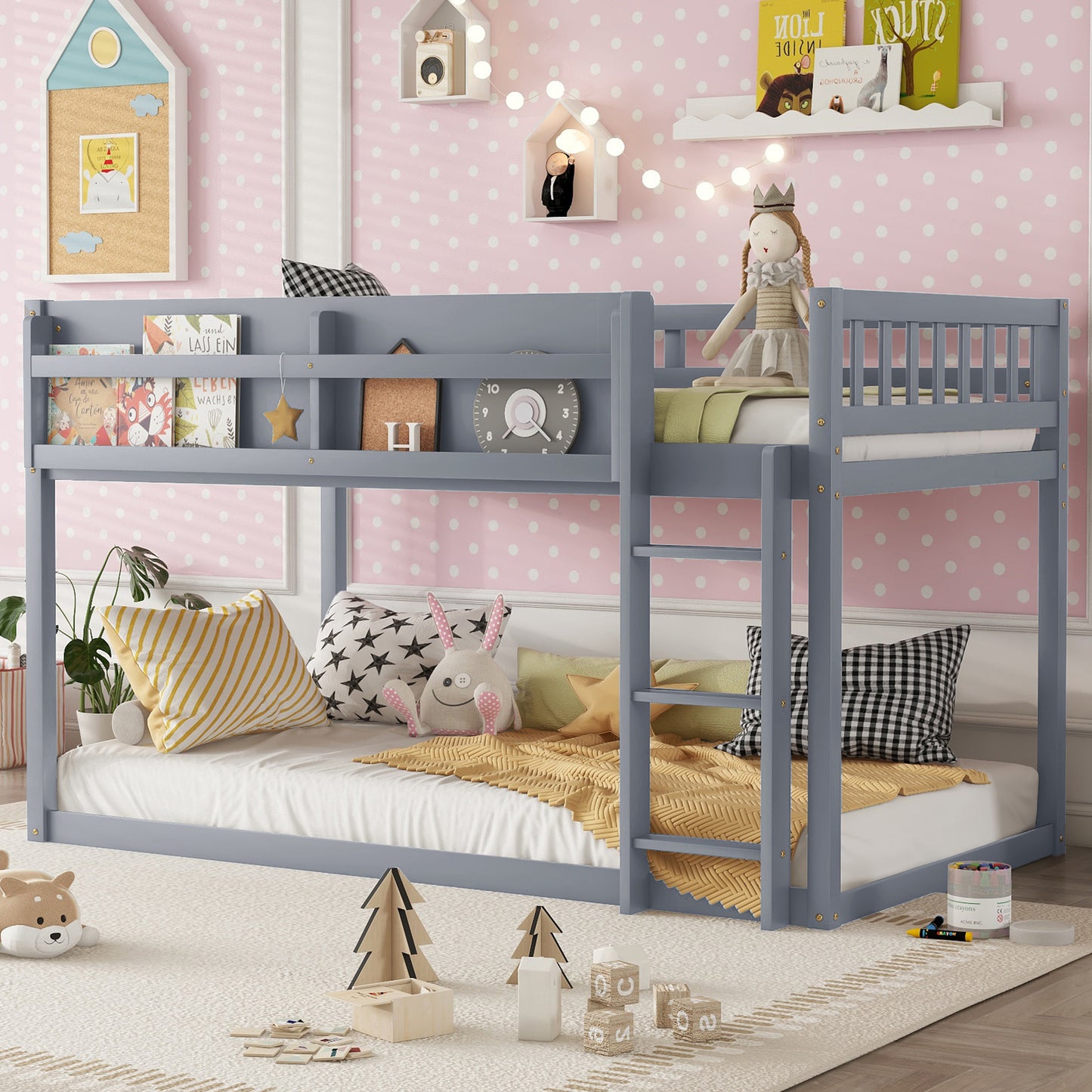 Low Twin Over Twin Bunk Bed, Floor Bunk Bed With Ladder, Solid Wood Twin Bunk Bed For Kids & Juniors, GreyExpect Arrival Date 2025 11 25