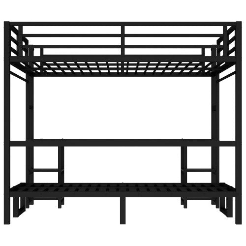 Queen Over Twin XL Metal Bunk Bed Loft Bed With Desk And Shelves, Multiple Uses Folds Into Sofa With LED And USB, Black