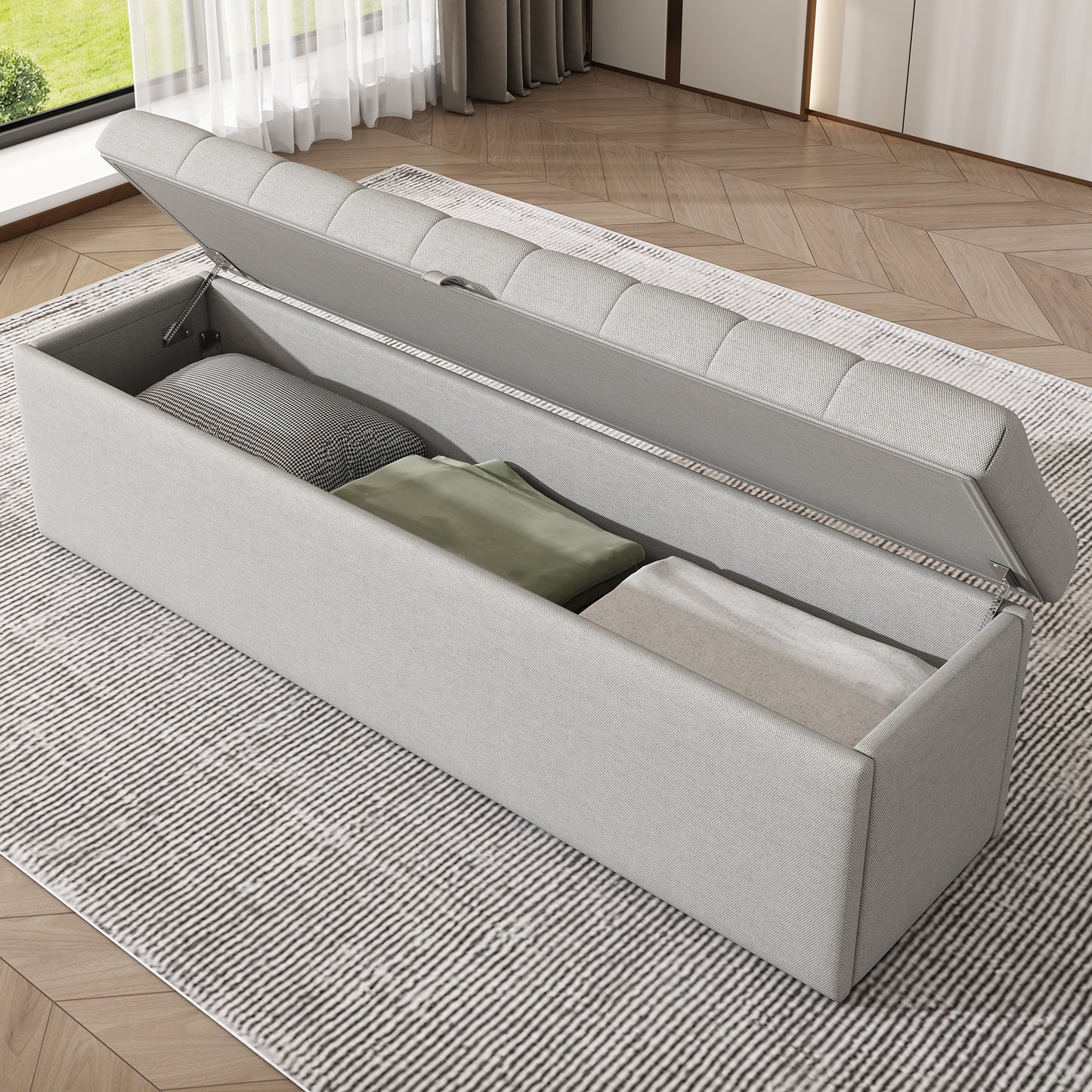Upholstered Bed,Double Bed-4ft6 135x190cm,with Upholstered Bench 135 X 41 X 42 Cm, With Hydraulic Lever, Functional Storage Bed, Rivet Decoration, Linen, Light Grey