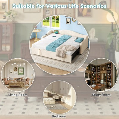 Upholstered Bed 90x190cm, Daybed, Sofa Bed With Charging Station, 3ft Single Velvet Bed With USB And Type - C Ports, Pull Out Trundle Bed For Living Room Bedroom Study Room, Beige No Mattress