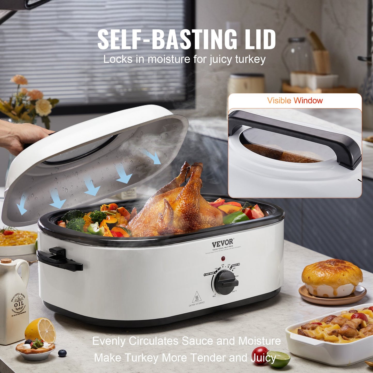 Electric Roaster Oven, 22 QT Turkey Roaster Oven With Self-Basting Lid, 1450W Roaster Oven With Defrost & Warm Function, Adjustable Temp, Removable Pan & Rack, Fits Turkeys Up To 26LBS, White