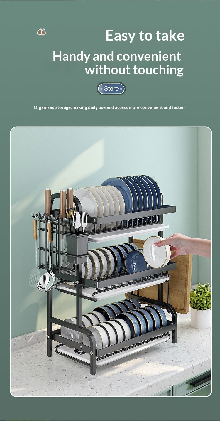 Self-pickup Only- Three Layers Of Black Kitchen Shelf, Dish Rack, Bowl And Plate Storage Rack, Draining Rack, Household Multi-functional Bowl And Chopsticks Storage Shelf--Color  Black
