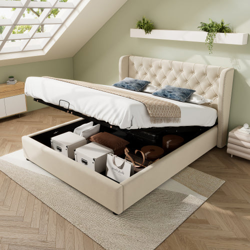 Upholstered Bed, With Hydraulic Lever, Functional Bed From Storage, 135 X 190 Cm, Without Mattress, Velvet, Beige
