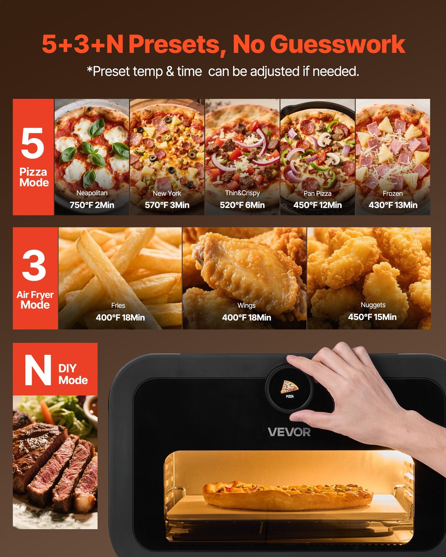 Pizza Oven, 8 Presets Electric Pizza Ovens Air Fry Combo, 12-Inch Indoor Pizza Maker Smart Knob Control , 750°F Max Temp, IPX4 Waterproof Countertop Pizza Cooker W/Pizza Stone,Fry Basket