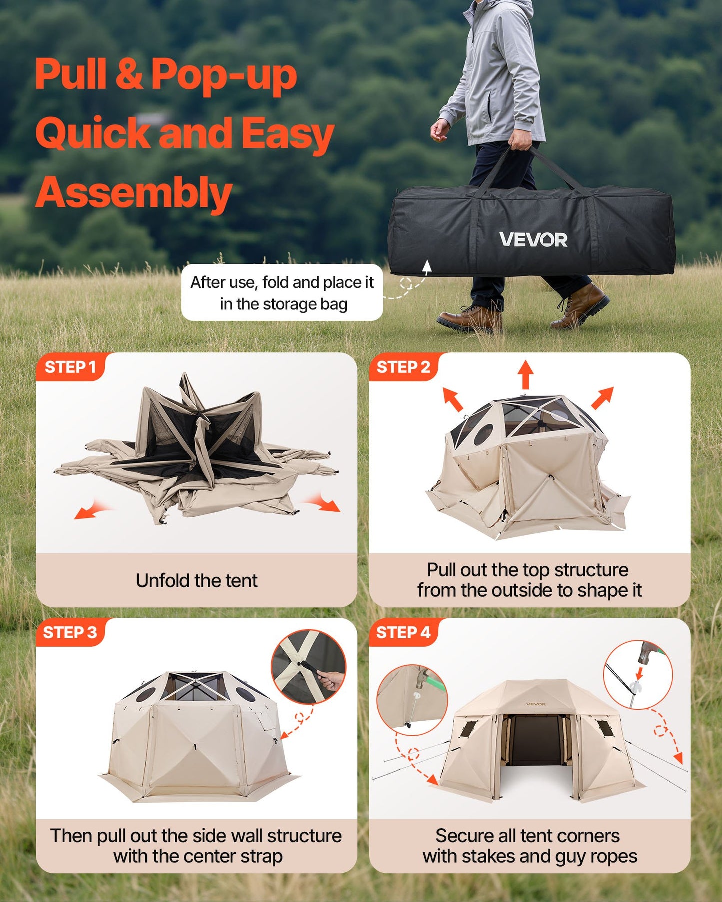 Pop Up Gazebo Screen Tent, 15 X 15 Ft, 13-Sided Spherical Camping Canopy Tent With Removable Top & Carry Bag, Quick-Set & Bite-Proof, Screen House Sun Shelter For 12-15 Persons, Beige
