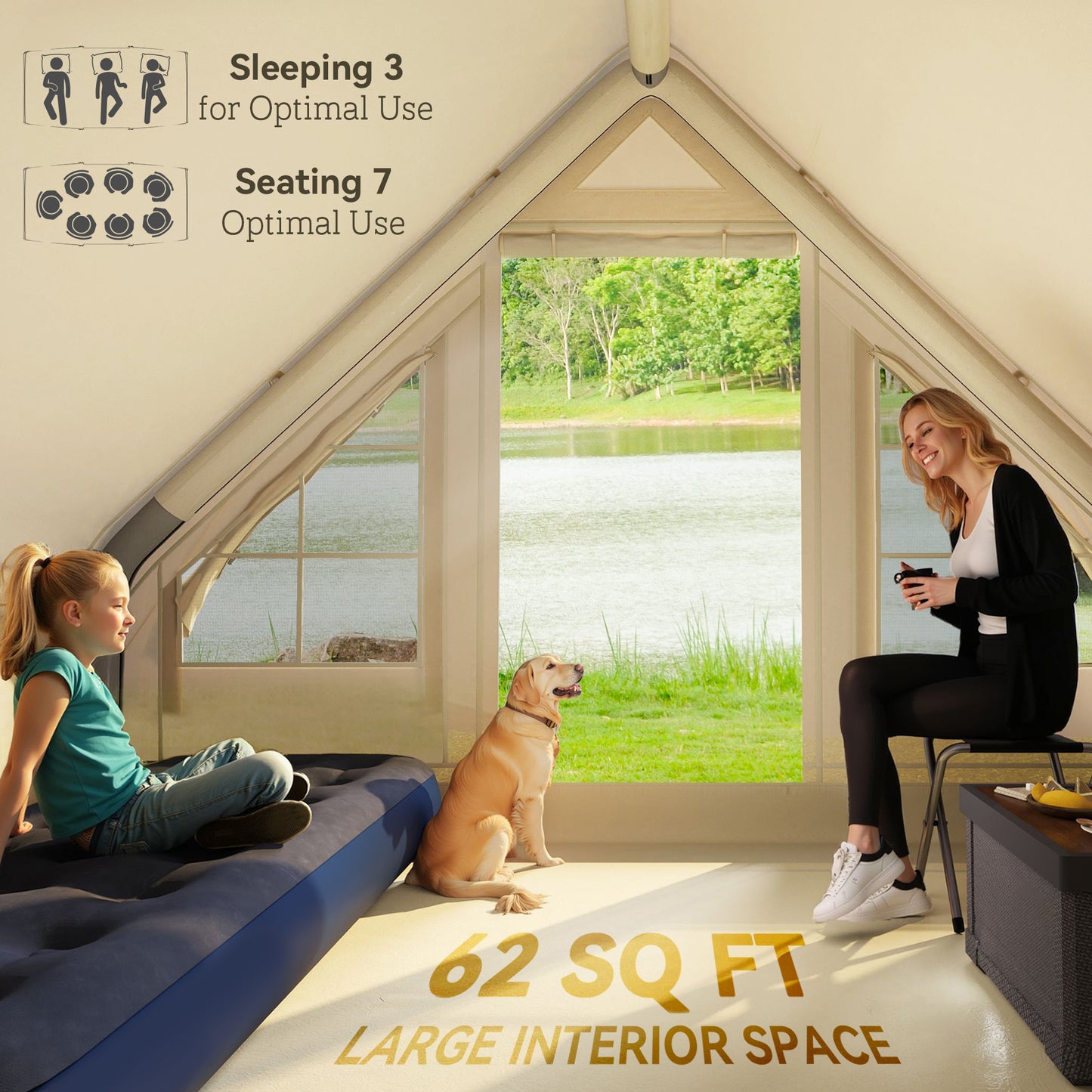 Inflatable Camping Tent With Hand Pump, 4 Season Blow Up Tent, Waterproof And Windproof With Mesh Windows And Doors