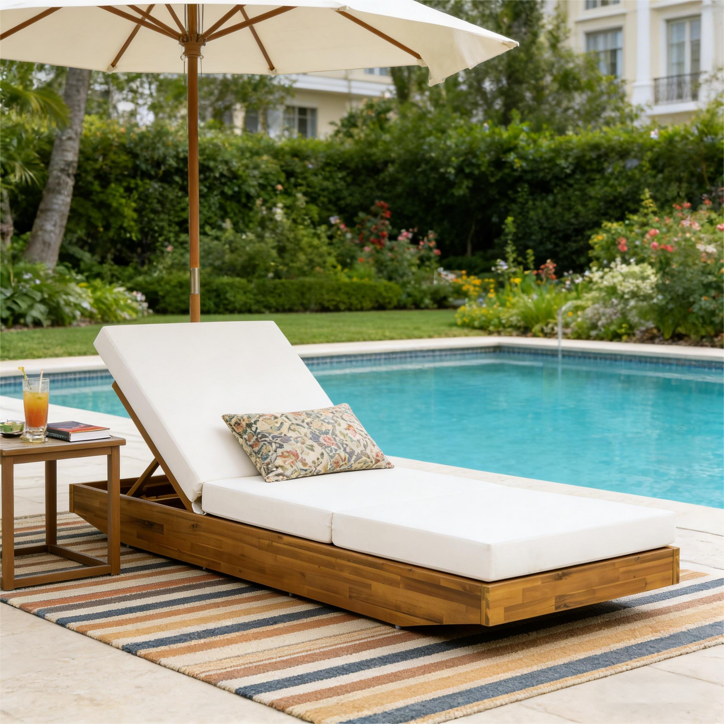 Acacia Wood Chaise Lounge With Cushion - Teak Finish Outdoor Recliner With Cream 3-Fold Water-Repellent Cushion, 300lbs Capacity