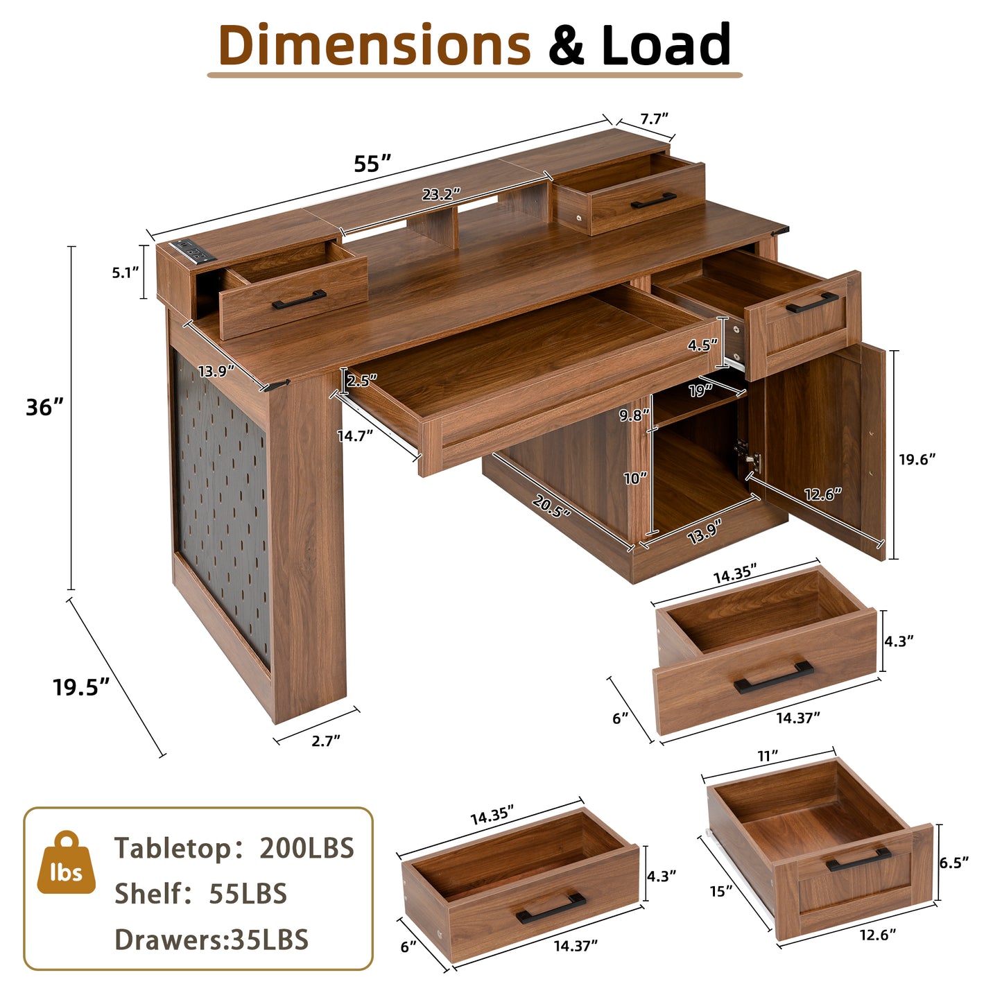 55 Farmhouse Office Desk With Storage Cabinet  Charging Station, Barn Door Design Computer Writing Desk With Keyboard Tray, Monitor Stand & Pegboard For Study, Living Room, Home Office, Dark Walnut