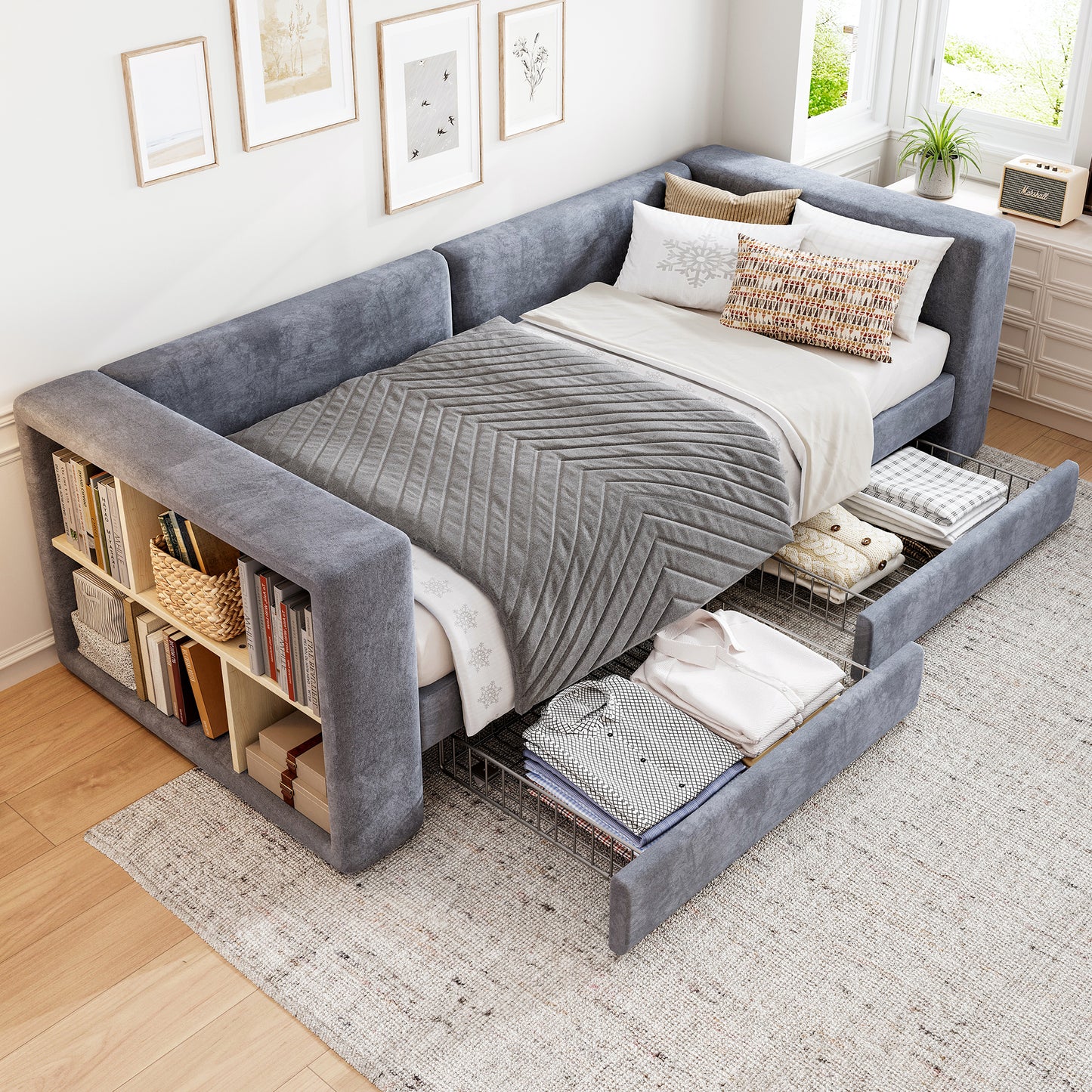 Upholstered Bed, 3FT Single Bed 90x190cm, Daybed Sofa Bed, Side Storage Compartment, 2 Drawers On Wheels, Youth Bed, For Adults & Teenagers, Easy Assembly, Velvet, Grey