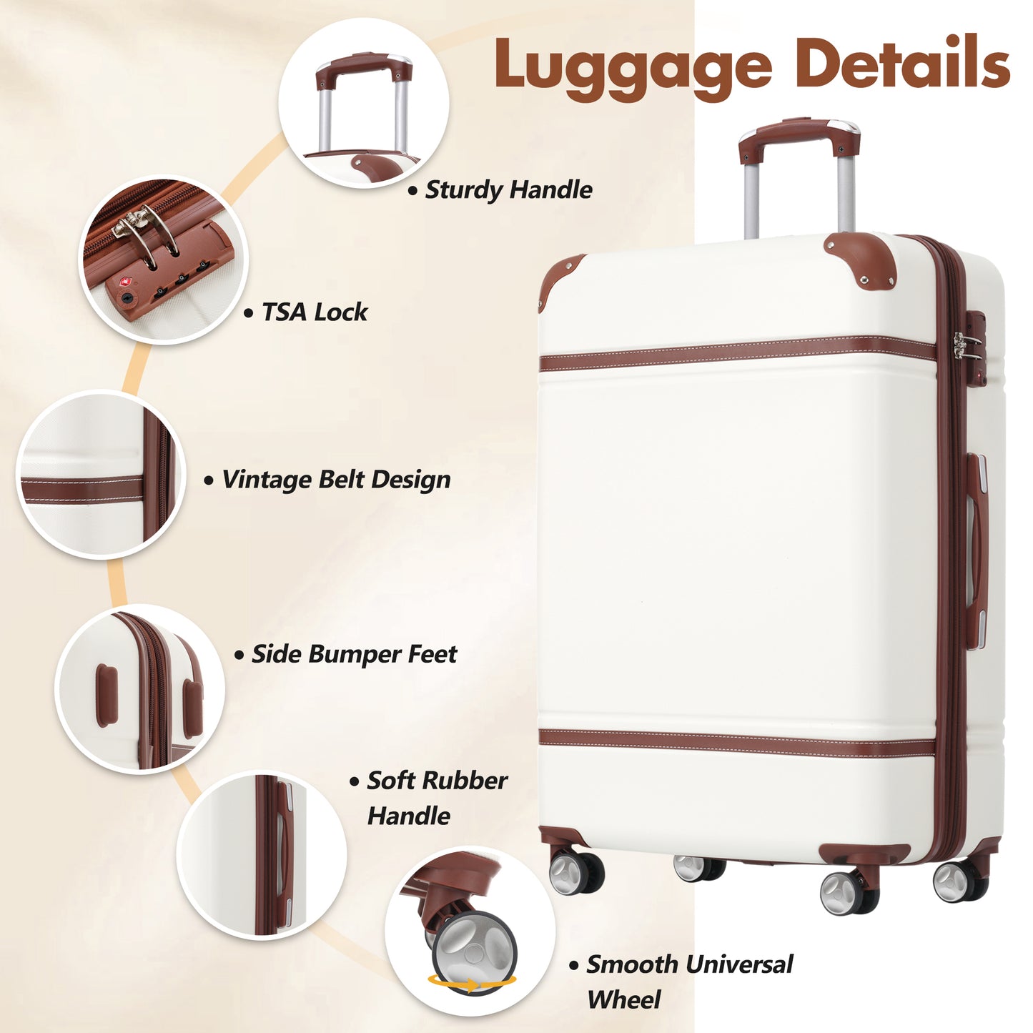 Hardshell Luggage Sets With Bags Lightweight Suitcase Double Spinner Wheels With TSA Lock ,Single Vintage Luggage 28 IN,White