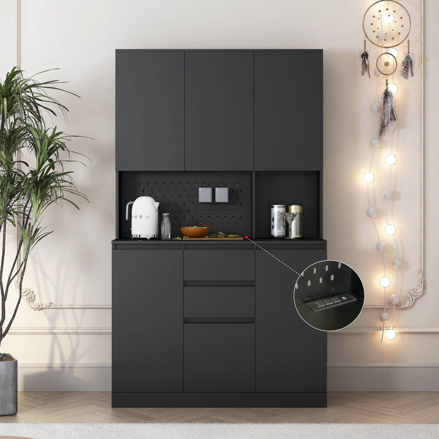 Freestanding Kitchen Pantry Cabinet Cupboard With 6 Doors,3 Shelves And 2 Drawer,Versatile Wardrobe & Kitchen Cabinet,Craft Storage Cabinet,Laundry Room Storage For Kitchen Black