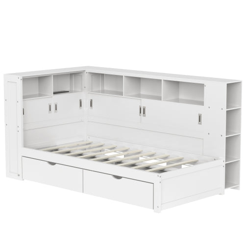 Platform Bed With Trundle  Bookcase  USB,Single Bed-3ft 90x190cm,Household Bed, Multifunctional Bed,with 2 Storage Drawers, Dust-proof Cabinet And Shelves, Large Storage Space,white
