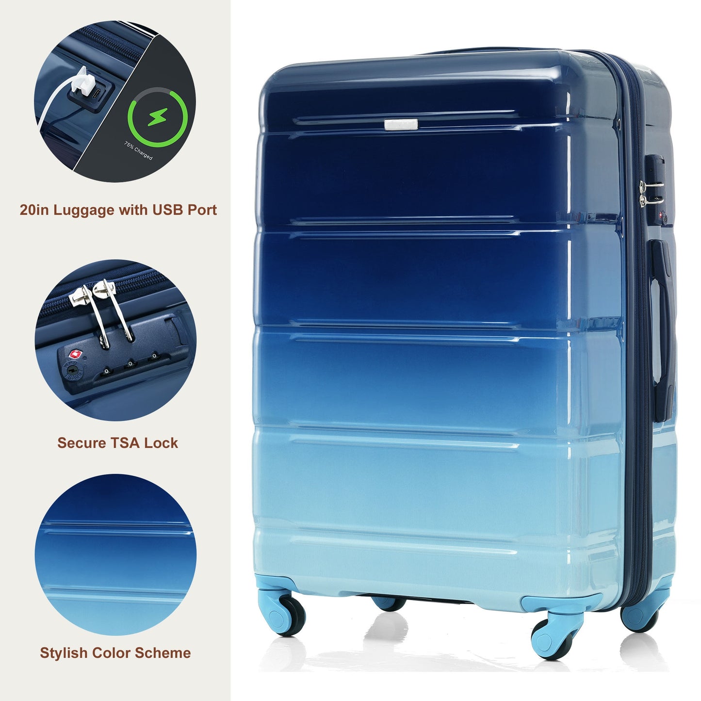 Luggage Set Of 3, 20-inch With USB Port, Airline Certified Carry-on Luggage  , ABS PC Hard Shell Luggage With Spinner Wheels, Gradient Blue