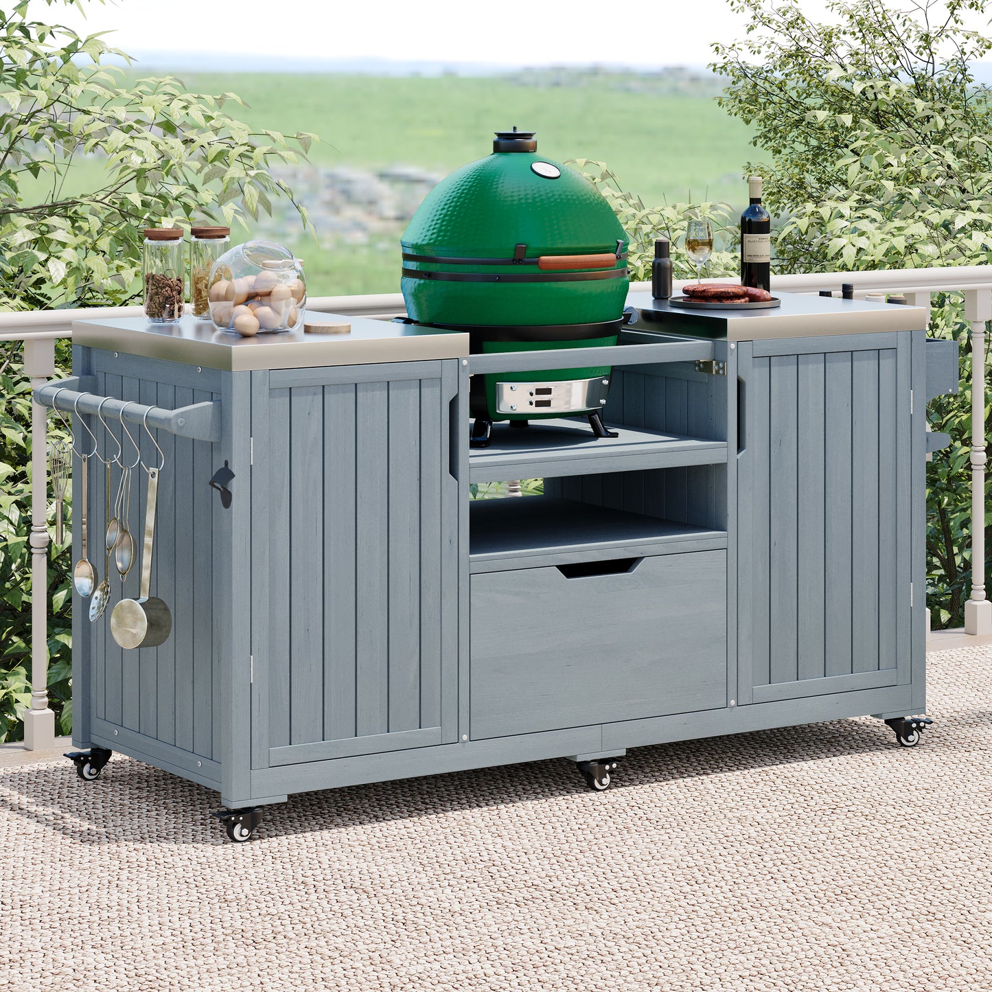 K&K 66.5 Outdoor Kitchen Island, Solid Wood Outdoor Grill Cart, Featuring Stainless Steel Countertop And Drawers, Compatible With Large Green Egg Grill, Carducci Gray And Blue Model