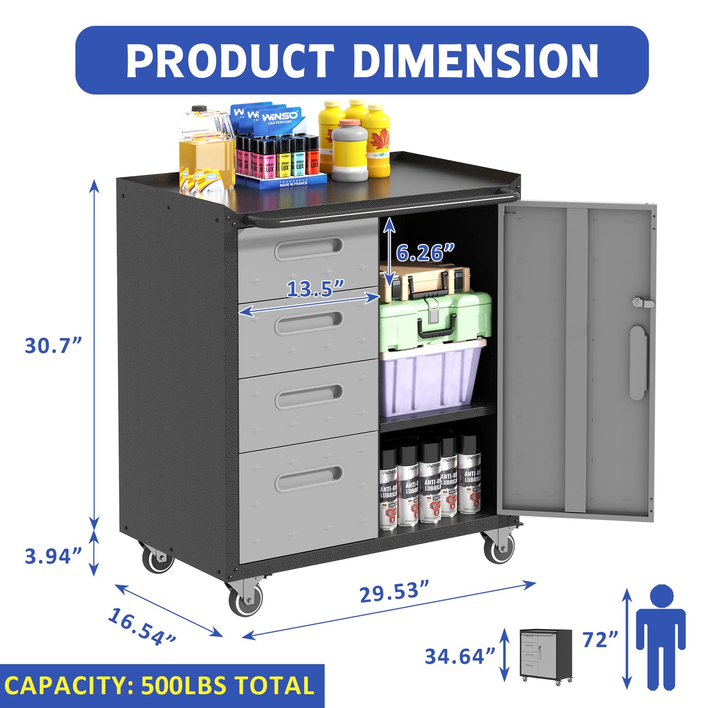 Sturdy Metal Tool Storage Cabinet With Wheels - Tool Storage Cabinet For Garage, Office, And Home Organizer Solutions, Black Gray