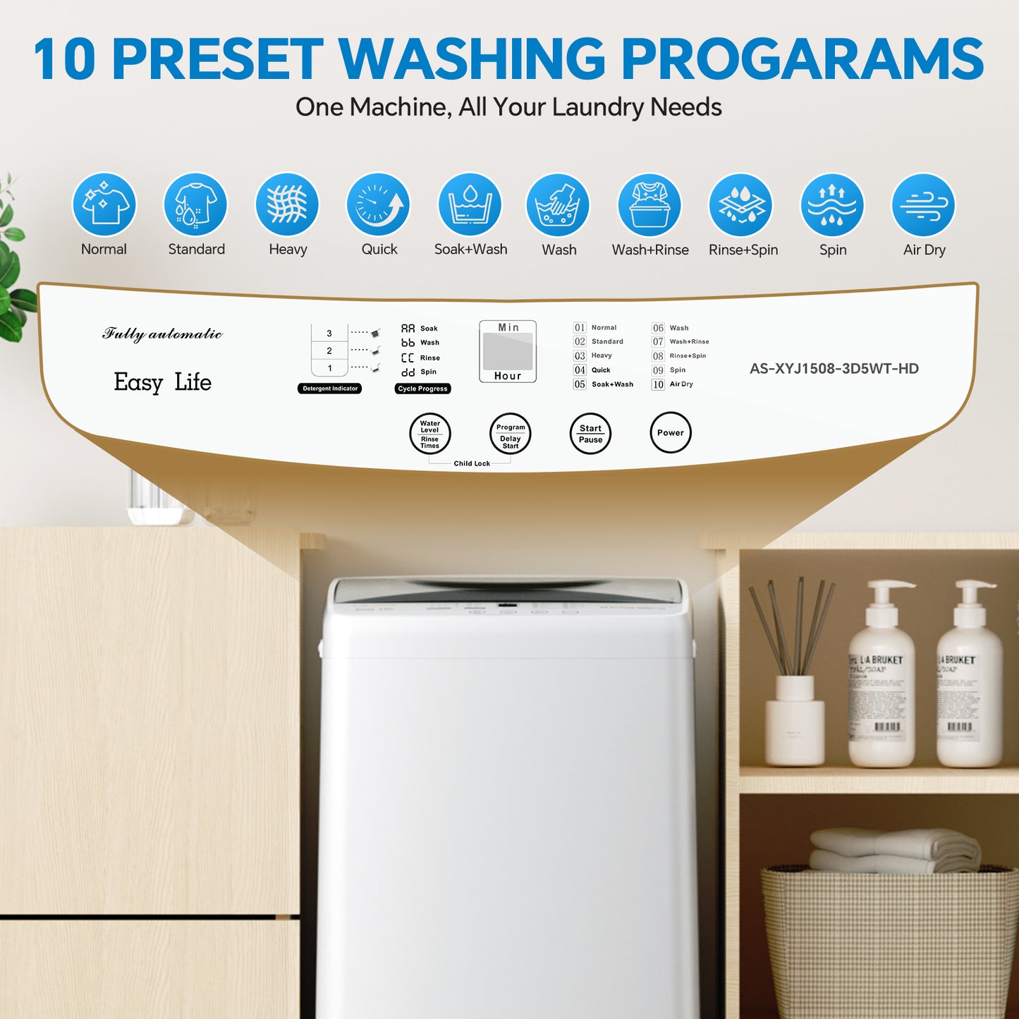 Portable Washing Machine, 7.7 Pounds, Fully Automatic Compact Model, Stainless Steel Tub, 10 Washing Modes, LED Display Screen