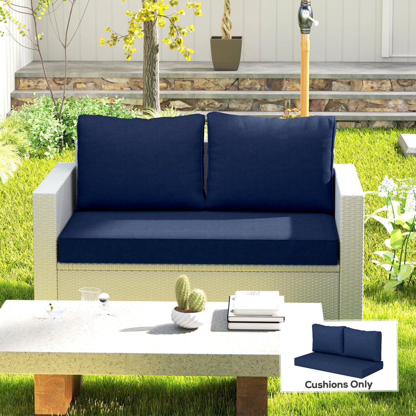 2 Seat Patio Furniture Cushions, 46x26x5 In, Thick Outdoor Loveseat Cushion Set With Removable Cover, Fade-Resistant Replacement Cushions For Outdoor Furniture, Couch, Bench, Swing, Navy Blue