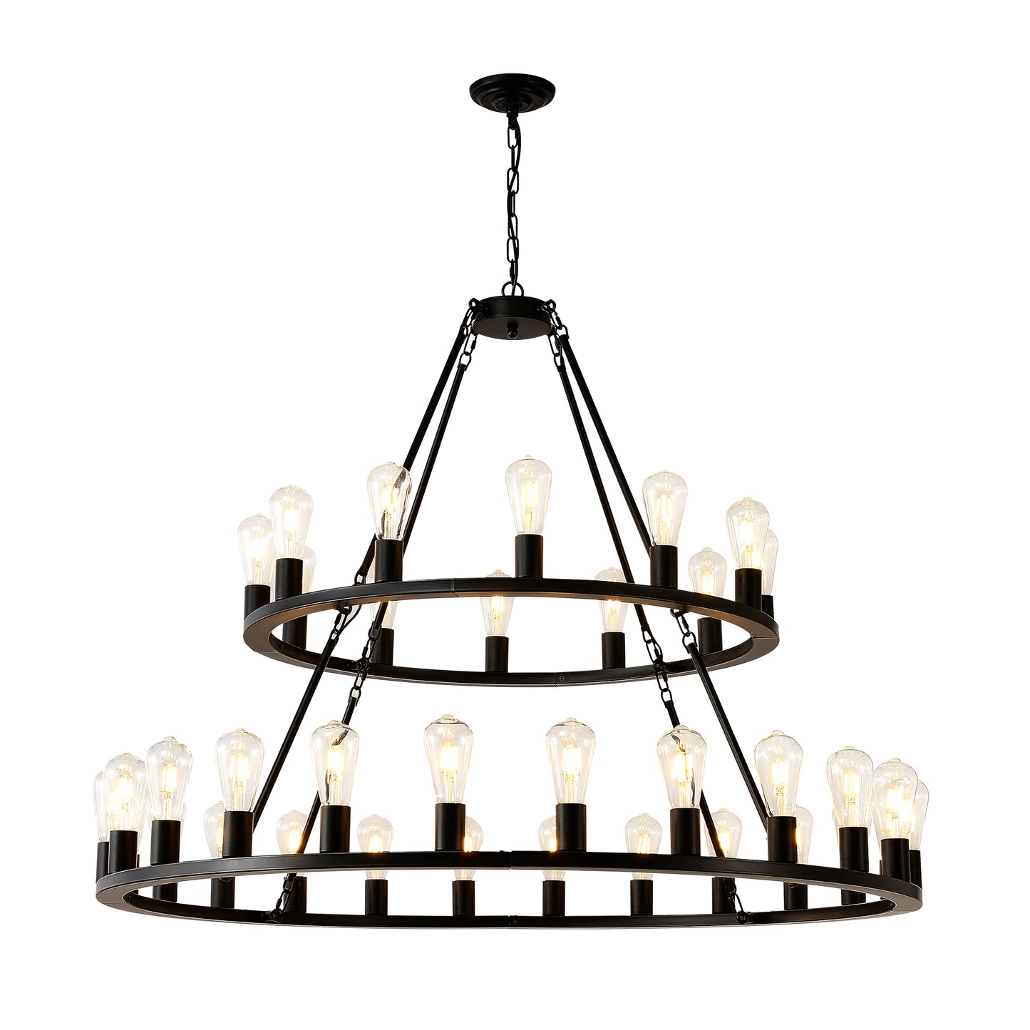 48 Inch Black Extra Large Wagon Wheel Chandelier, 2 Tier 36-Lights No Include Farmhouse Industrial Round High Ceiling Pendant Light Adjustable Chain, For Dining Room, Living Room,Kitchen