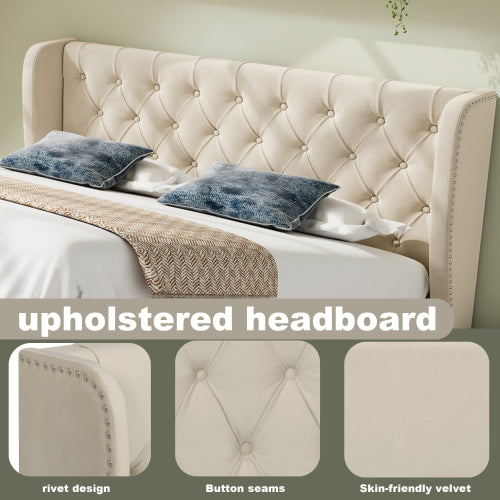 Upholstered Bed, With Hydraulic Lever, Functional Bed From Storage, 135 X 190 Cm, Without Mattress, Velvet, Beige