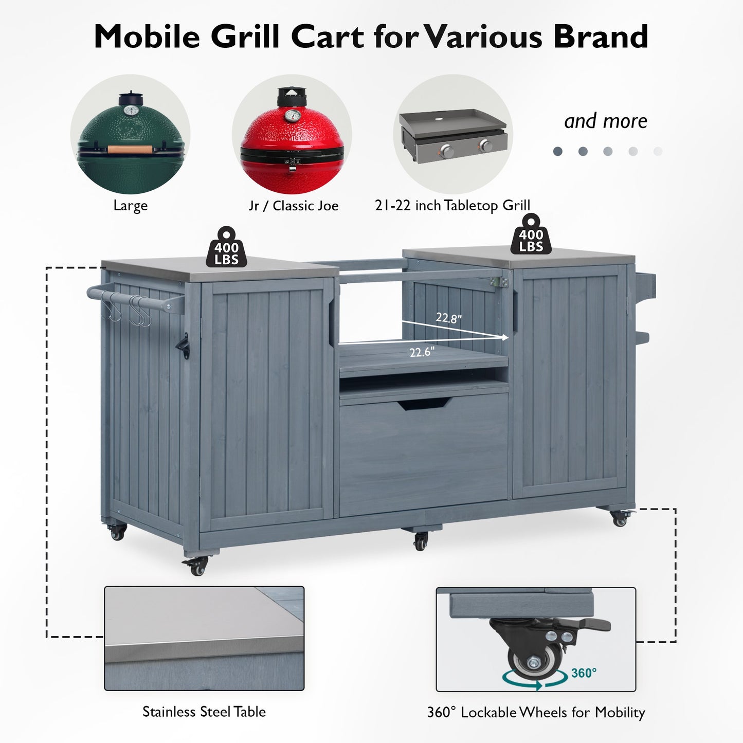 K&K 66.5 Outdoor Kitchen Island, Solid Wood Outdoor Grill Cart, Featuring Stainless Steel Countertop And Drawers, Compatible With Large Green Egg Grill, Carducci Gray And Blue Model