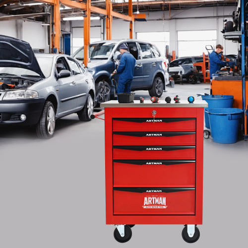5 Drawers Multifunctional Tool Cart With Wheels,Metal Rolling Tool Cart Storage For Garage Workshop Warehouse Repair Shop--With Stainless Steel Roof--Red  Black