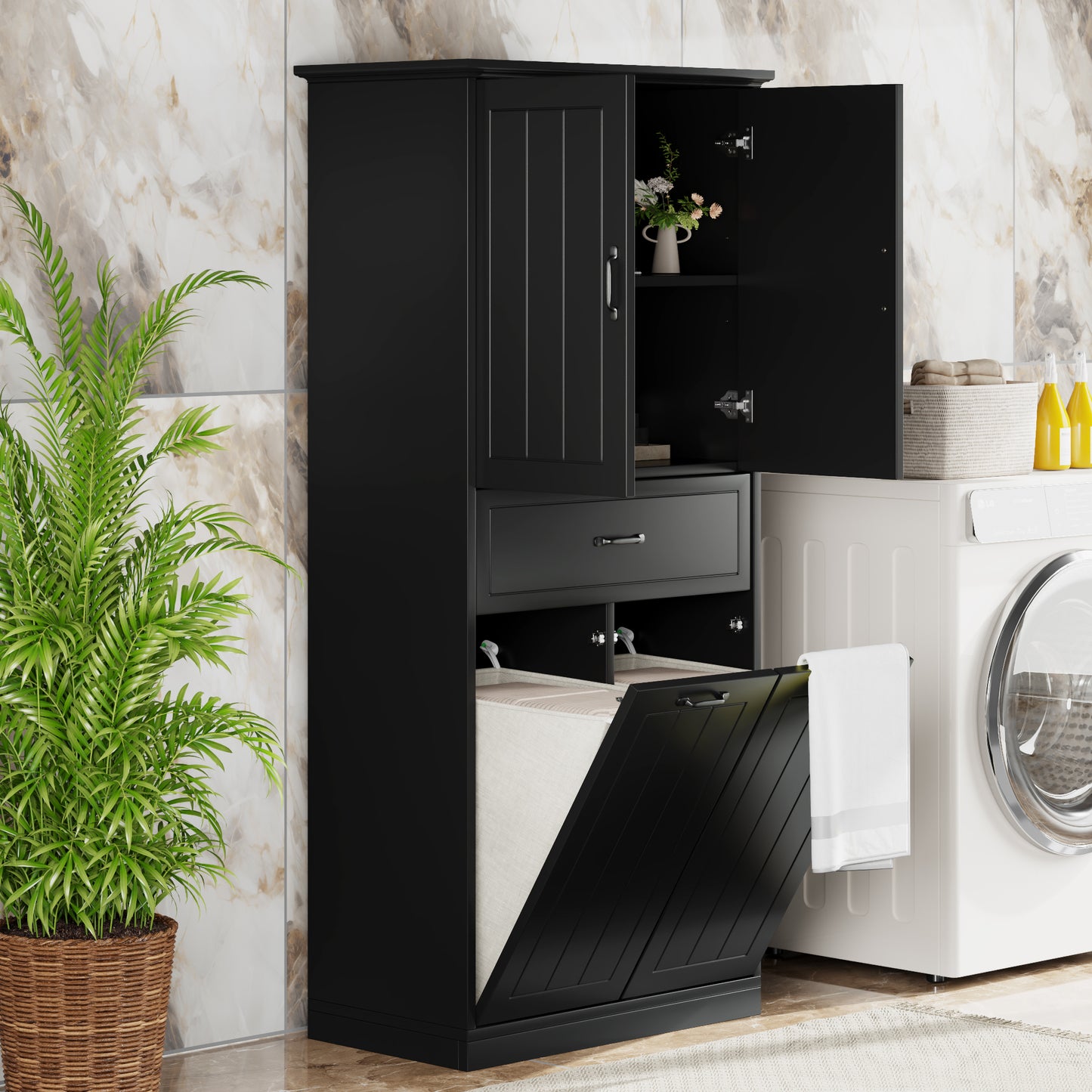 Bathroom Storage Cabinet With Two Laundry Baskets, Storage Cabinet With Doors And Drawer For Home, Black