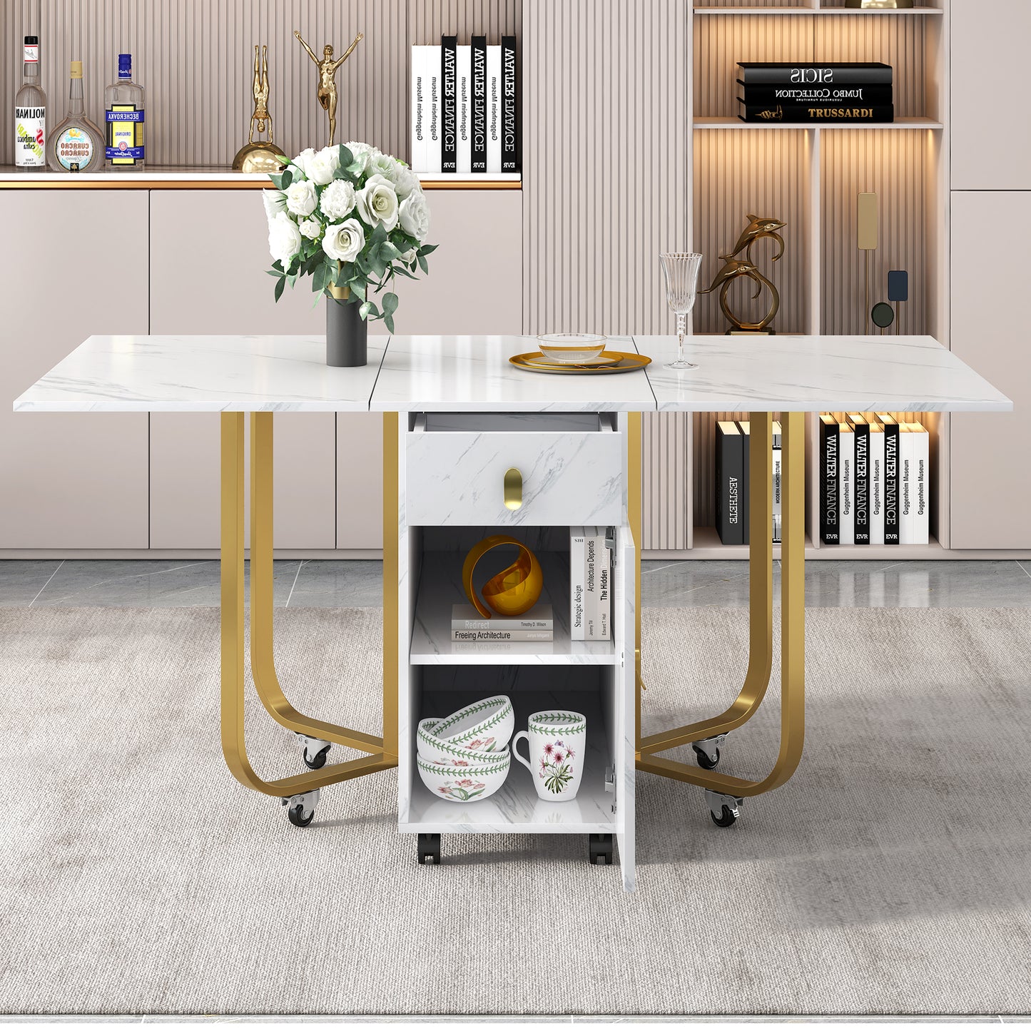 Folding Dining Table 1 Piece With Cupboard And 2 Drawers, Folding Kitchen Utility Table, Space-saving Dining Table With 4 Supporting Legs On Gliders White Gold