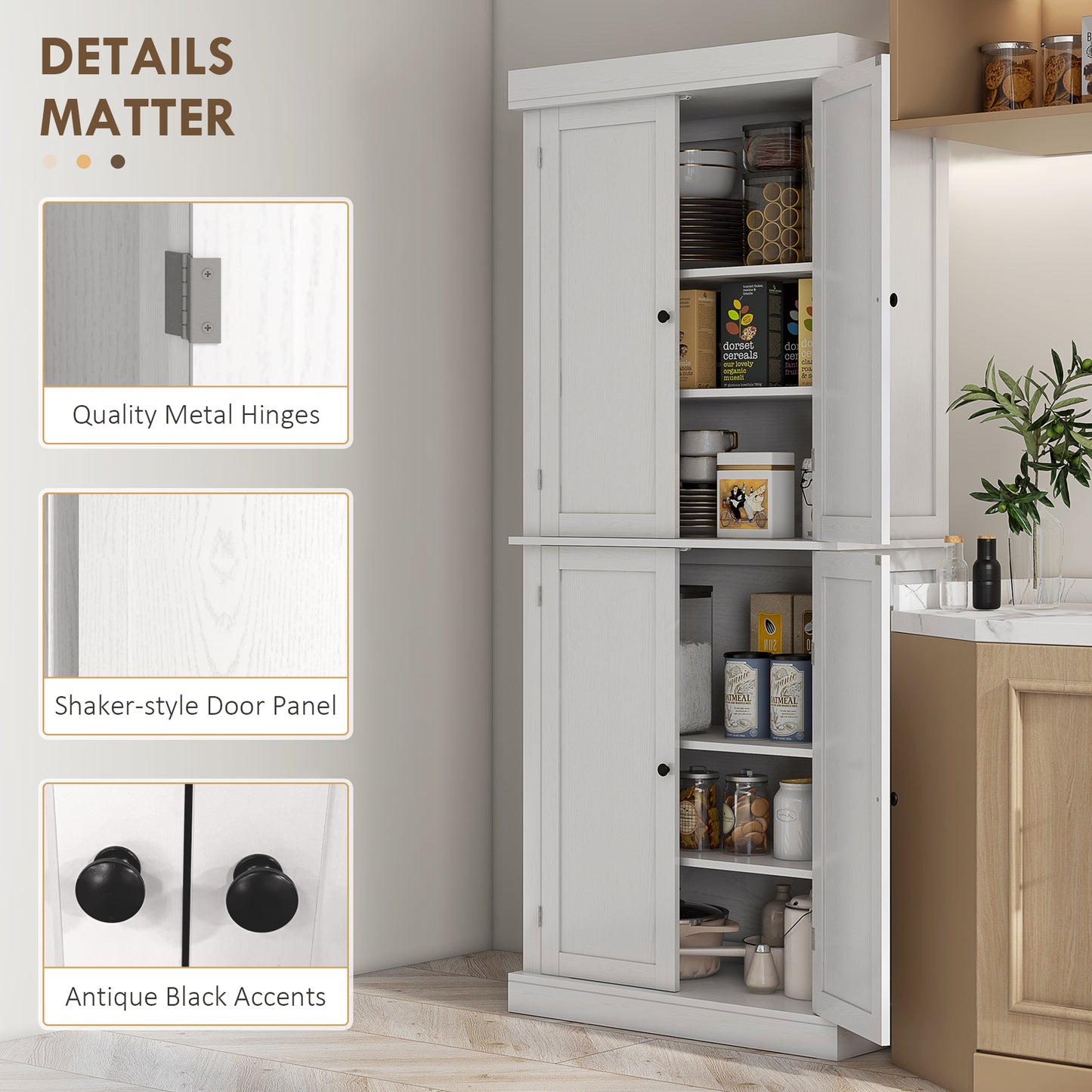 72" Kitchen Cabinet, Pantry Storage Cabinet with Doors and Shelves, Freestanding Food Pantry Cabinet, White Wood Grain