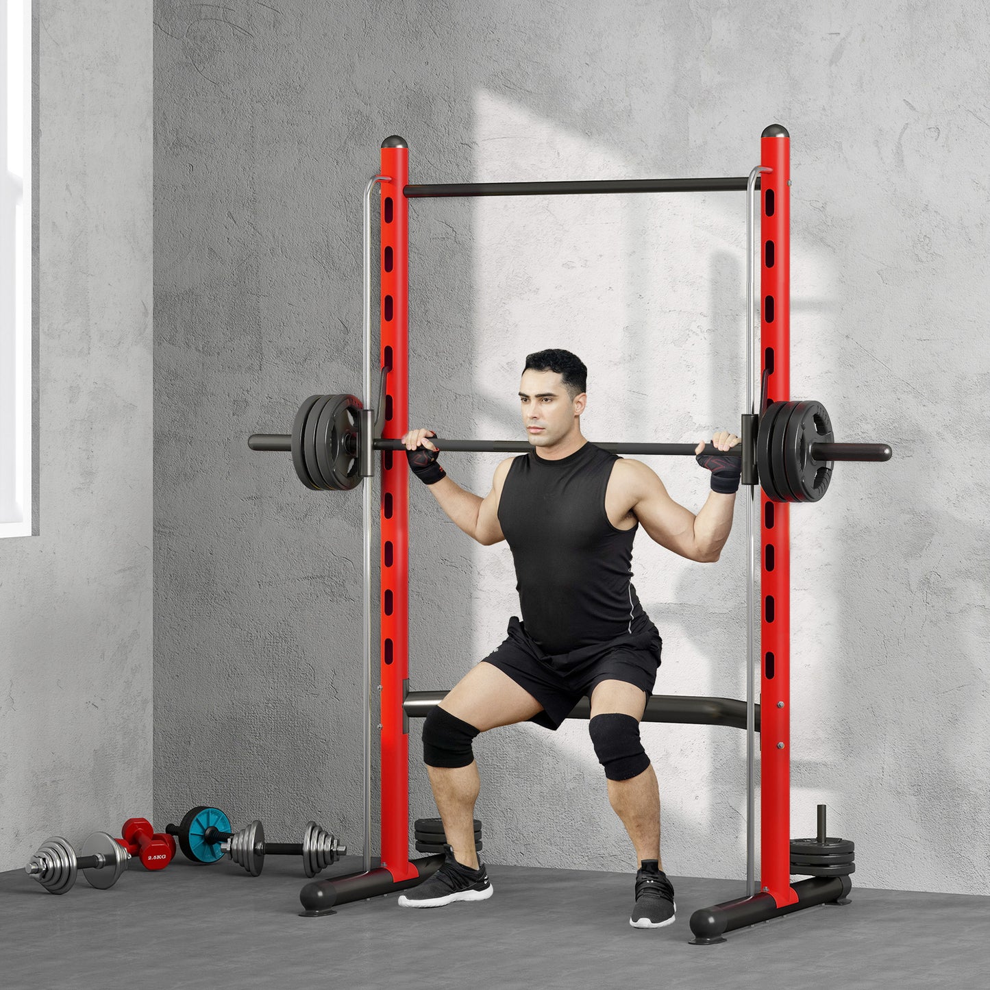 Squat Rack With Pull Up Bar And Barbell Bar Adjustable Bench Press Multi-Function Weight Lifting Half Rack, Red