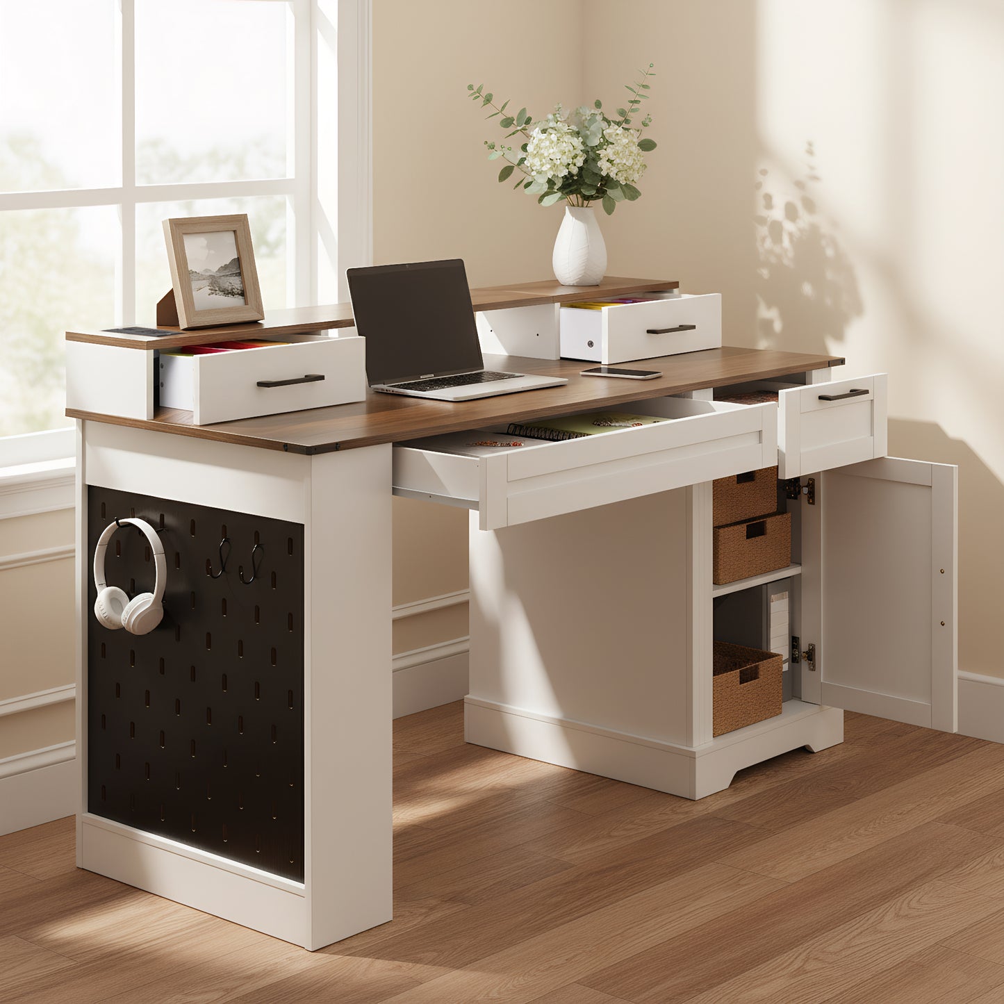 55 Farmhouse Office Desk With Storage Cabinet  Charging Station, Barn Door Design Computer Writing Desk With Keyboard Tray, Monitor Stand And Pegboard For Study, Living Room, Home Office, White