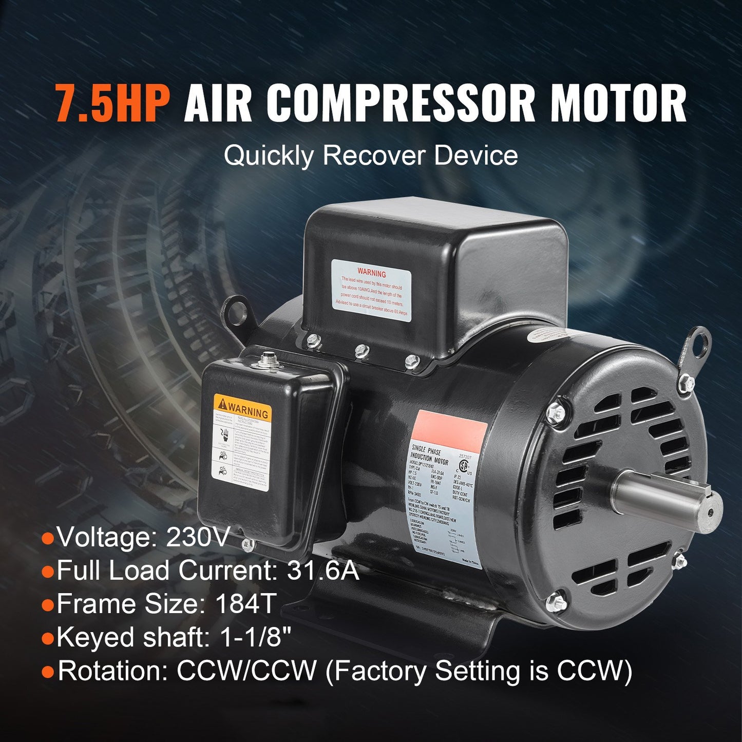 7.5HP Air Compressor Electric Motor 230V 31.6A 3450RPM 184T Frame CW/CCW Rotate (Factory Setting Is CCW)