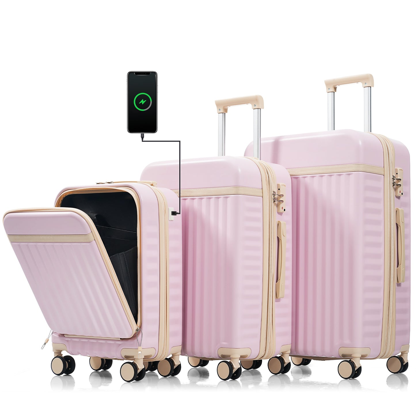 Luggage Set Of 3, 20inch With USB Port, Front Opening Design Airline Certified Carry On Luggage, ABS Hard Shell Luggage With Spinner Wheels,Light
