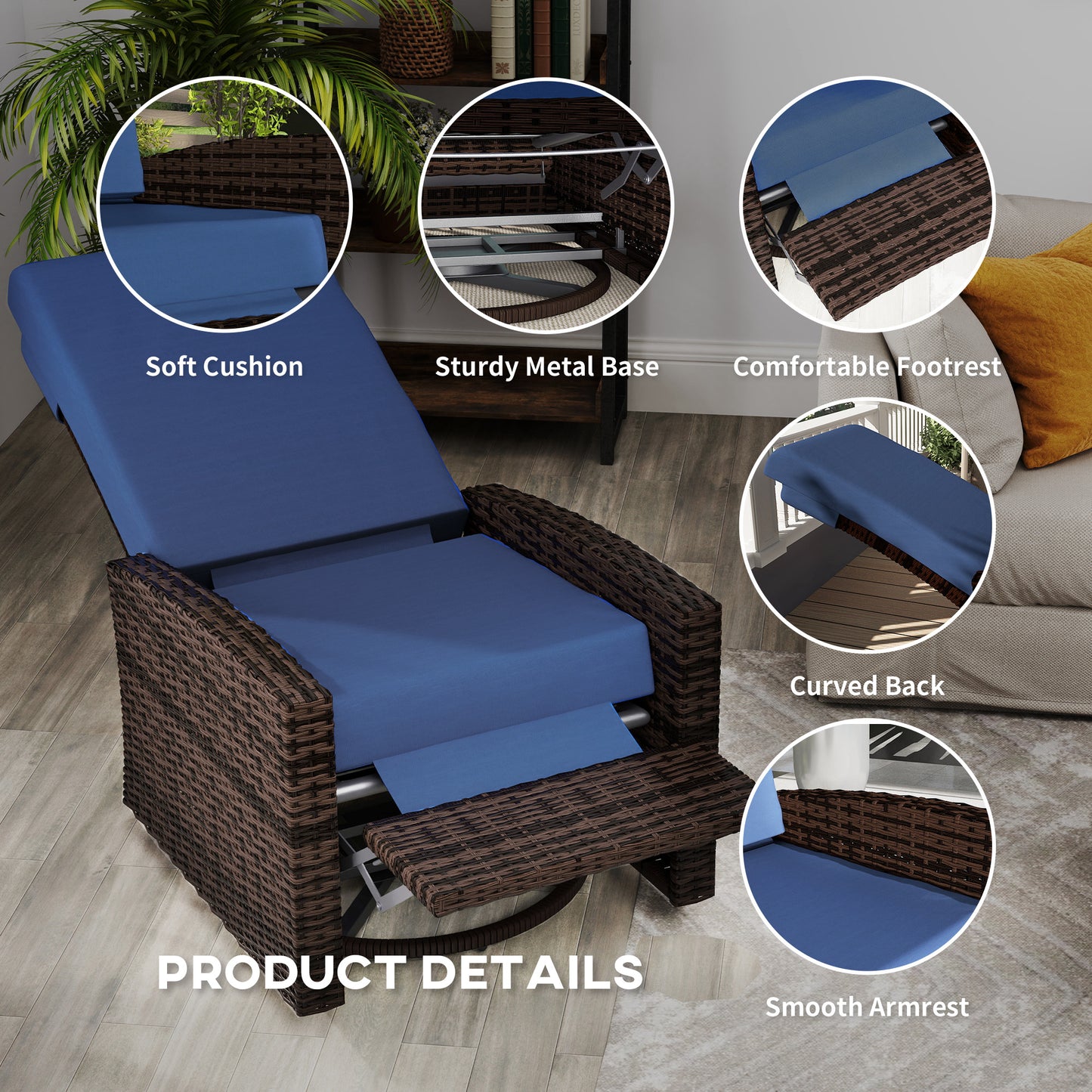 Outdoor Wicker Swivel Recliner Chair, Lifting Footrest, 360° Rotating Basic, Water-resistant Cushions, Dark Blue