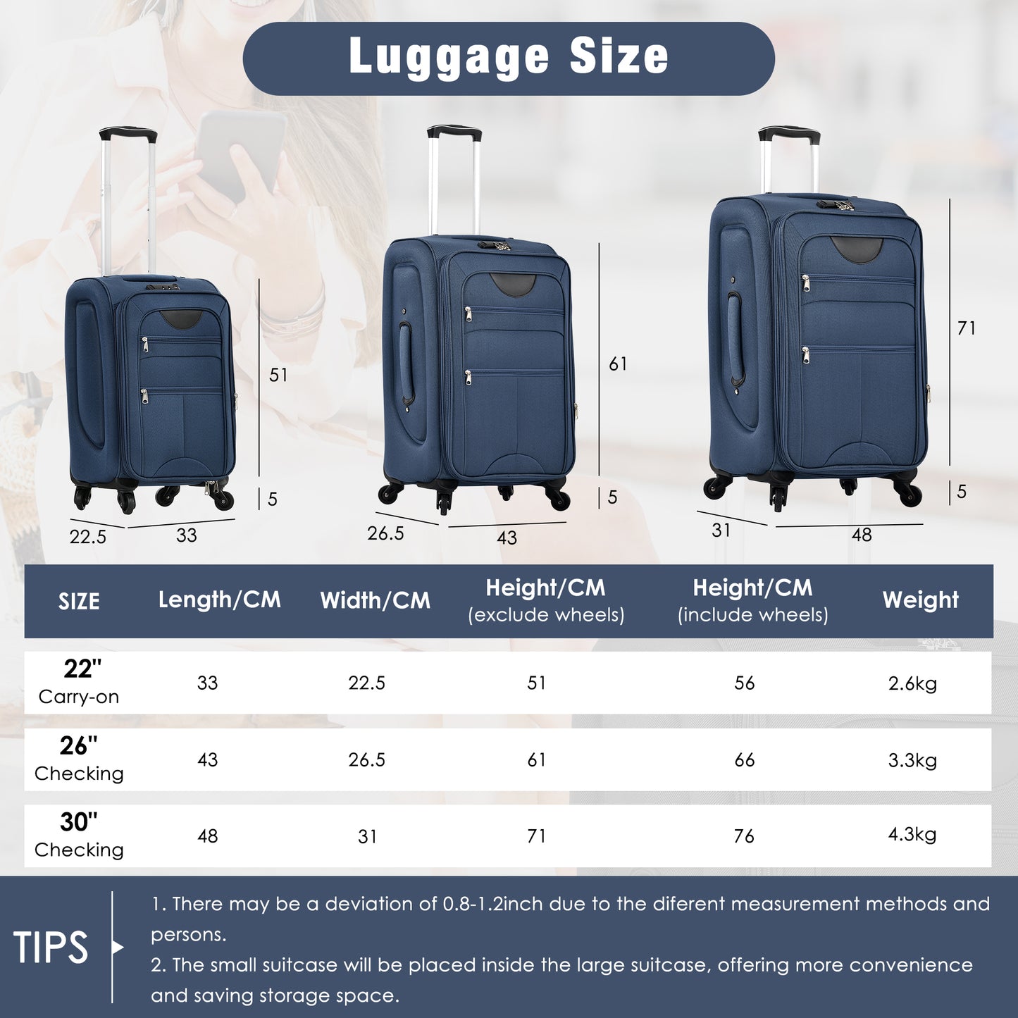 Softside Luggage Expandable 3 Piece Set Suitcase With Duffel Bag Upright Spinner Softshell Lightweight Luggage Travel Set-22-26-30 IN