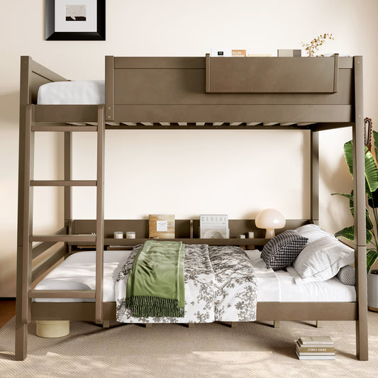 Full Bunk Bed With  Storage Shelf And Bookshelf,Wood Bunk Bed With Ladder And Guardrails,Detachable Design,Vintage Brown