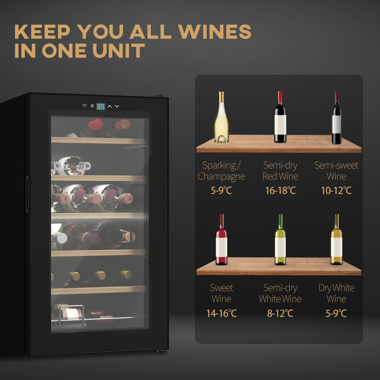 24 Bottle Wine Fridge, 65 Litre Capacity, 43cm Freestanding Wine Cooler Fridge With Glass Door, LED Light, Digital Touch Screen, Temperature Control, Black