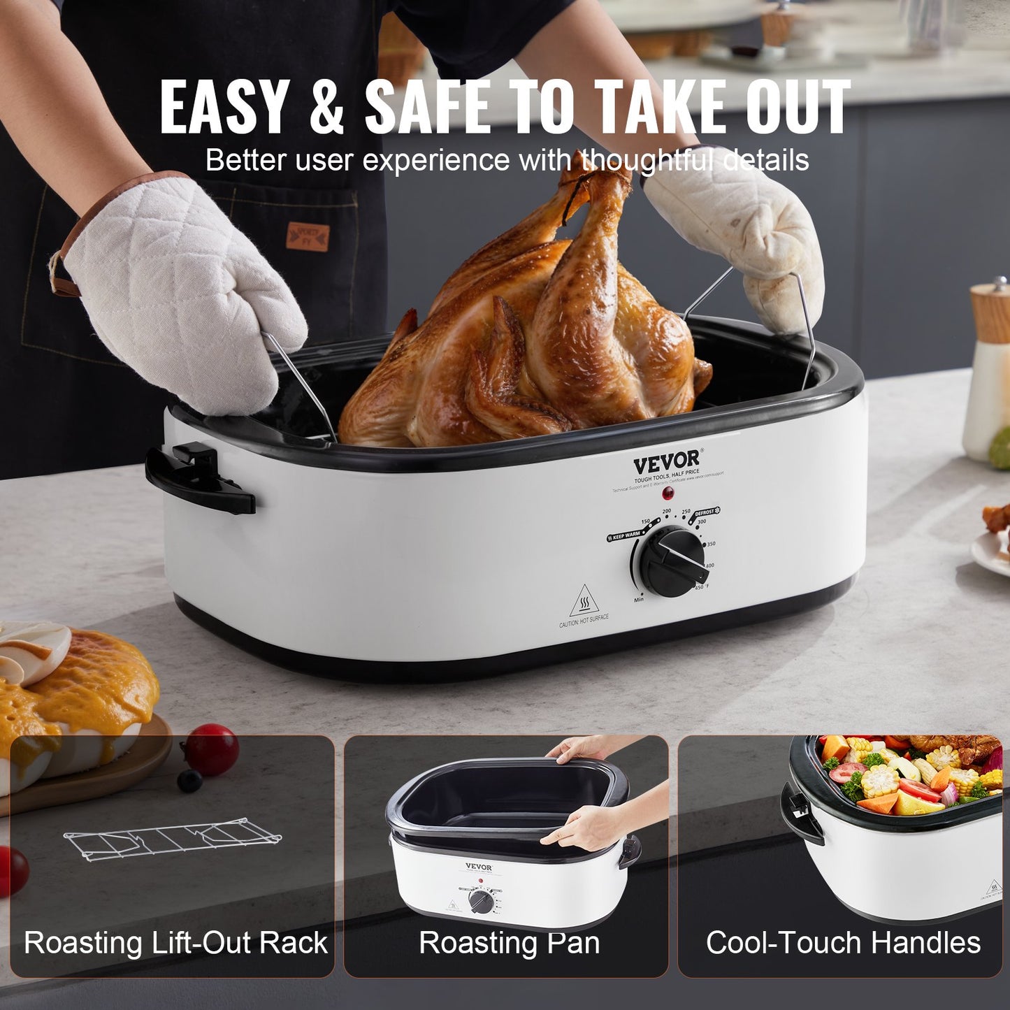 Electric Roaster Oven, 22 QT Turkey Roaster Oven With Self-Basting Lid, 1450W Roaster Oven With Defrost & Warm Function, Adjustable Temp, Removable Pan & Rack, Fits Turkeys Up To 26LBS, White