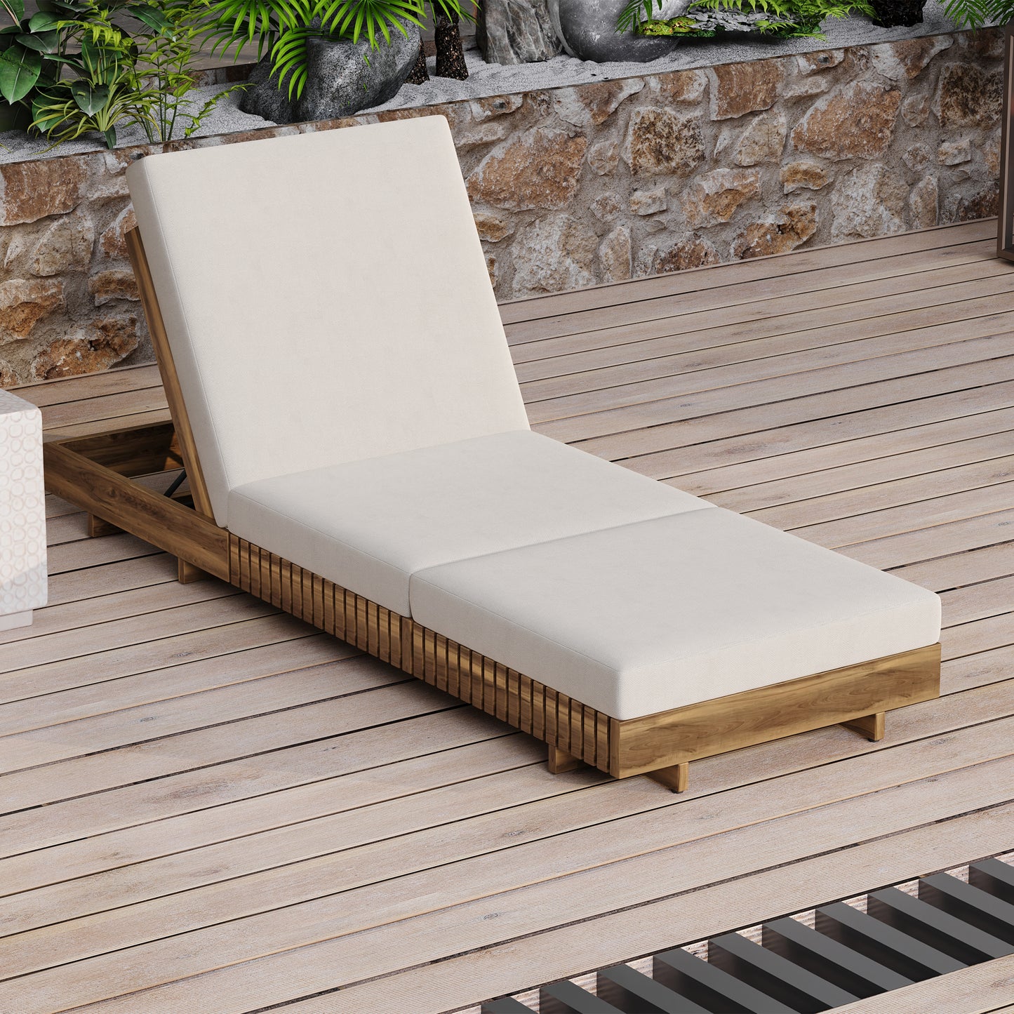 Outdoor Chaise Lounge Chair With 6-Position Adjustable Backrest,Acacia Solid Wood,TEAK COLOR  Only LOUGNE FRAME, Not Include Cushion