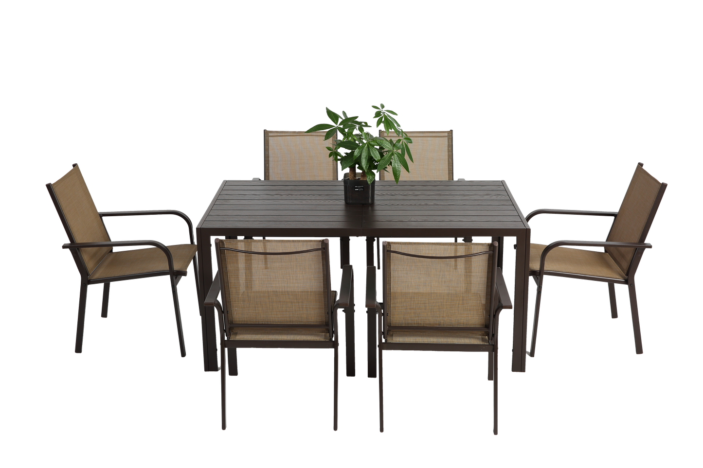 7 Pieces Patio Dining Set,  Outdoor Furniture Table And 6 Textilene Chairs, Outdoor Furniture With Rectangular Table And 6 Stackable Chairs Family Conversation Set For Garden Backyard Deck-Brown