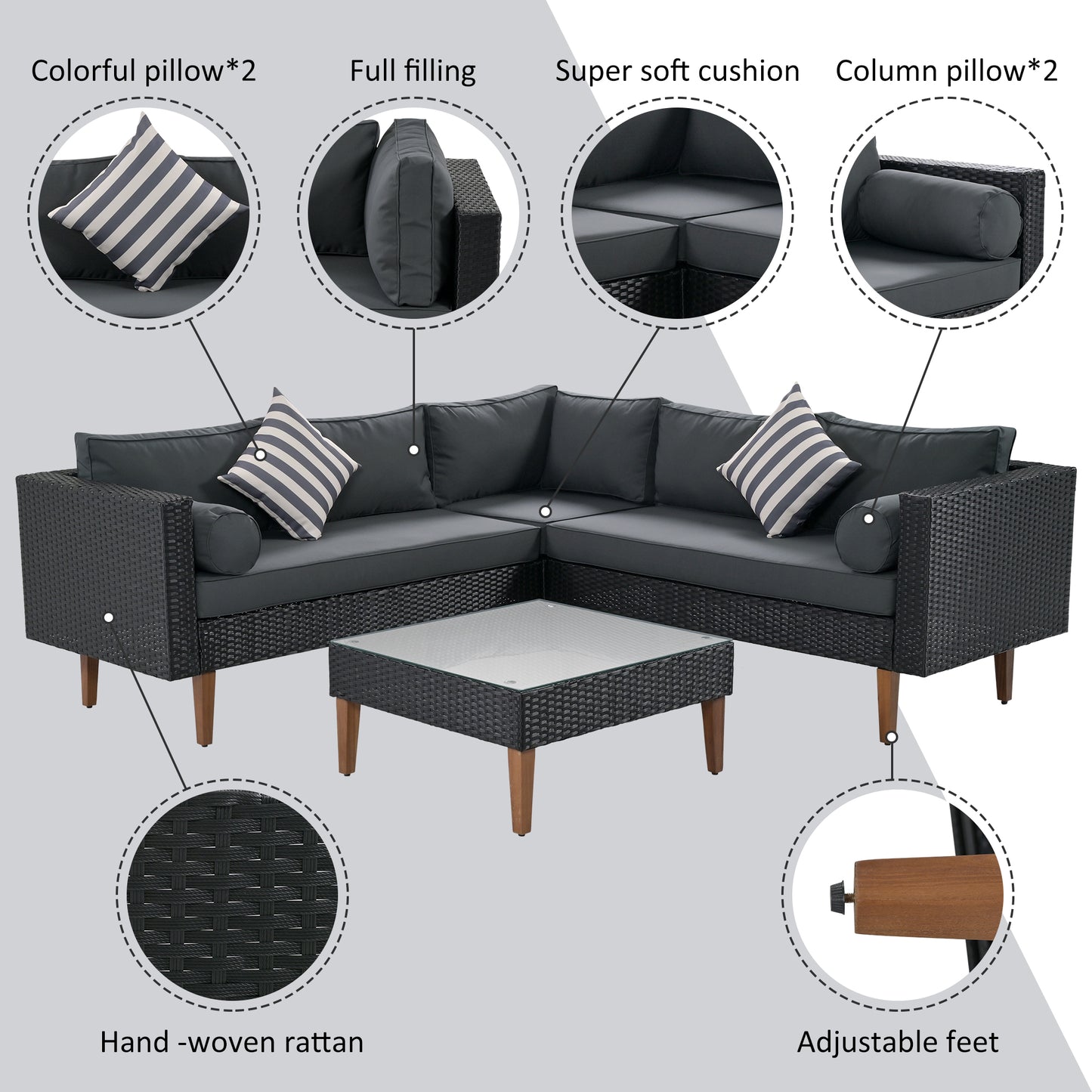 GO 4-pieces Outdoor Wicker Sofa Set, Patio Furniture With Colorful Pillows, L-shape Sofa Set, Gray Cushions And Black Rattan