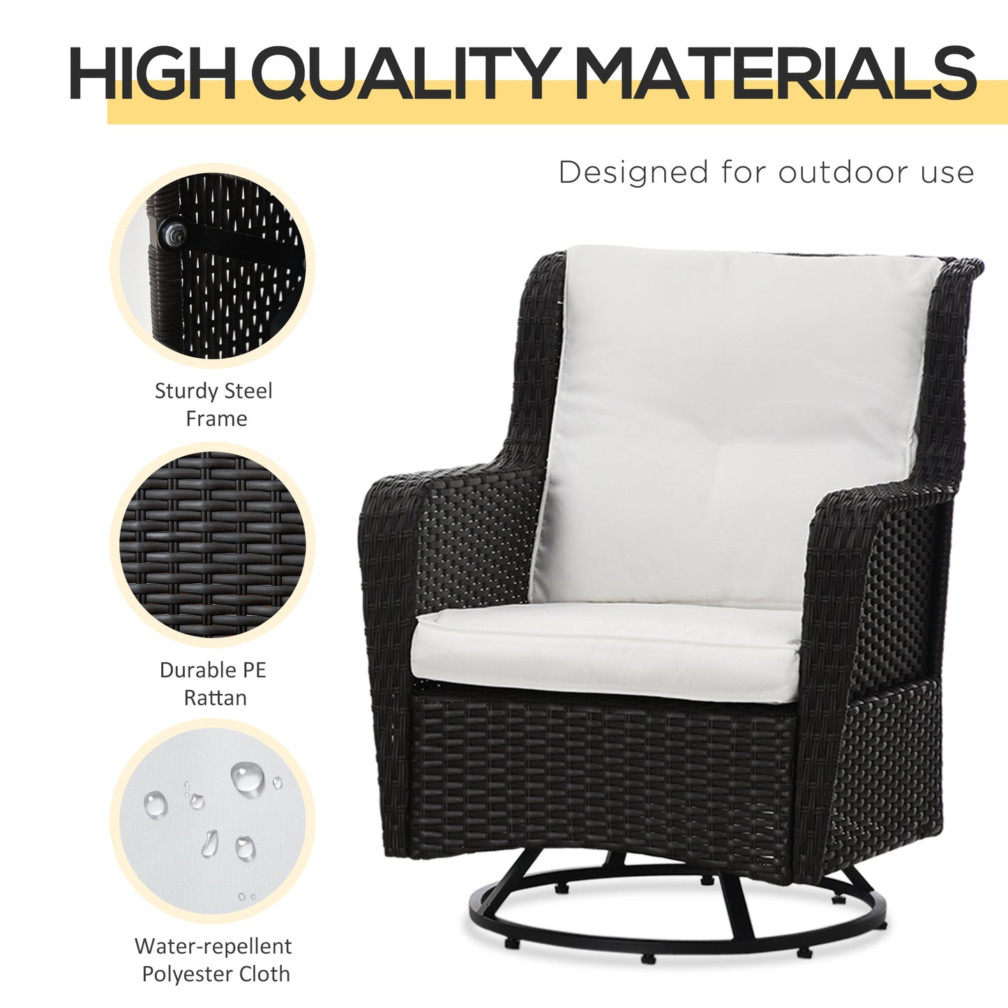 Patio Bistro Set, Porch Furniture with 360° Rotation & Rocking Function, 28.25"x30.75"x36.25", Cream White