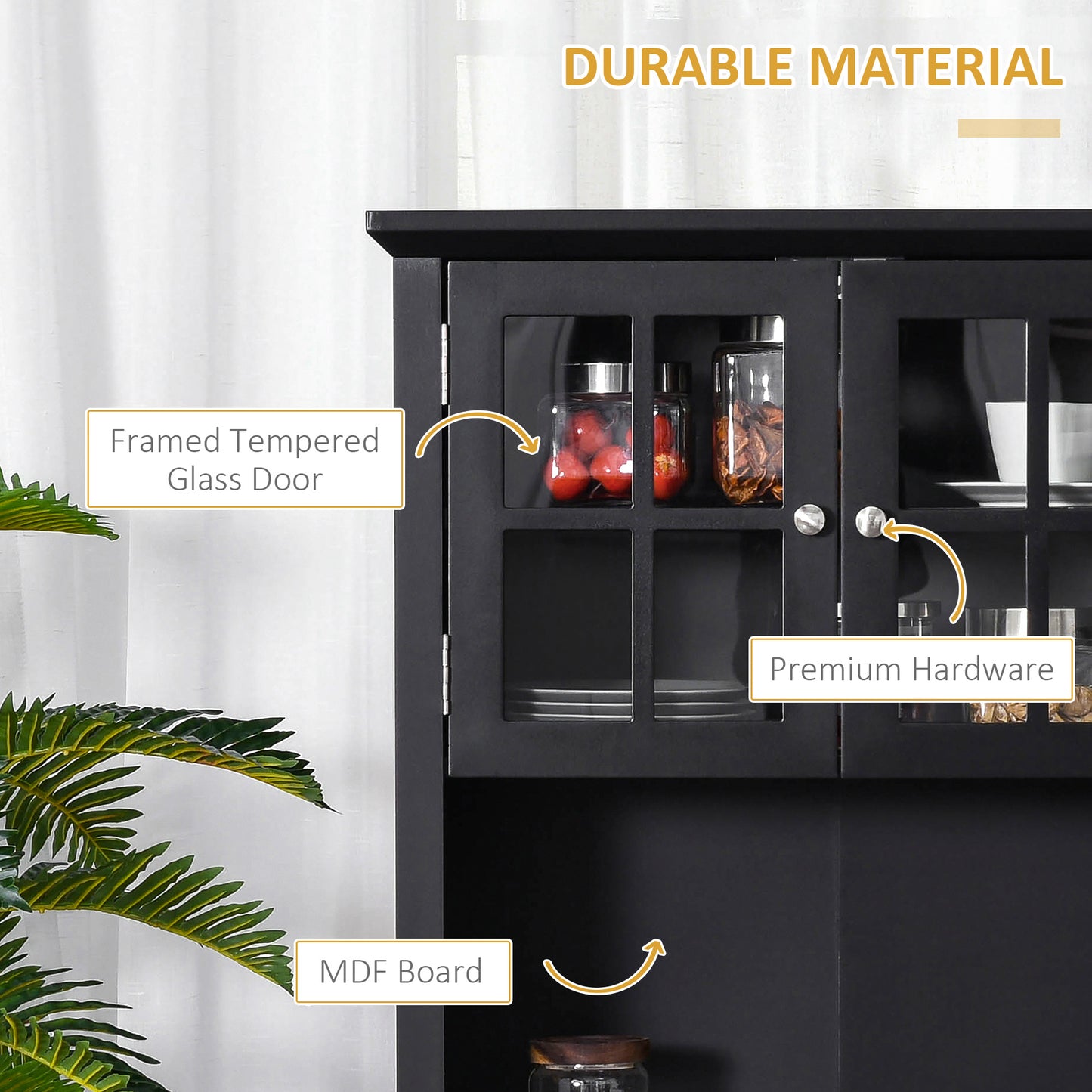 Elegant Buffet With Hutch, Kitchen Pantry Storage Cabinet With Framed Glass Door Drawer And Microwave Space, Black