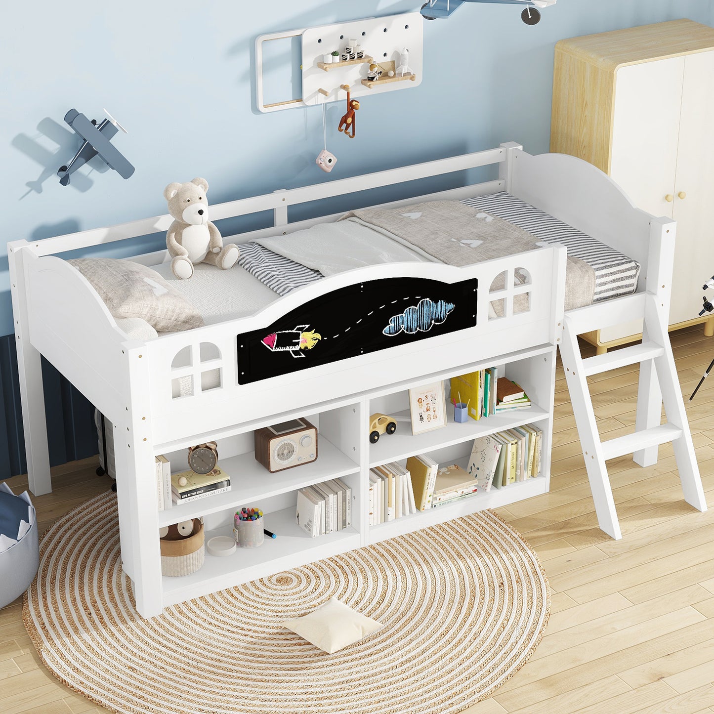 Wooden Bed, Storage Bed, Includes A Blackboard For Graffiti, 3ft Single Bed 90x190cm, Two-step Inclined Staircase, Includes Storage Cabinets, Pine-MDF-PB-Plywood, White