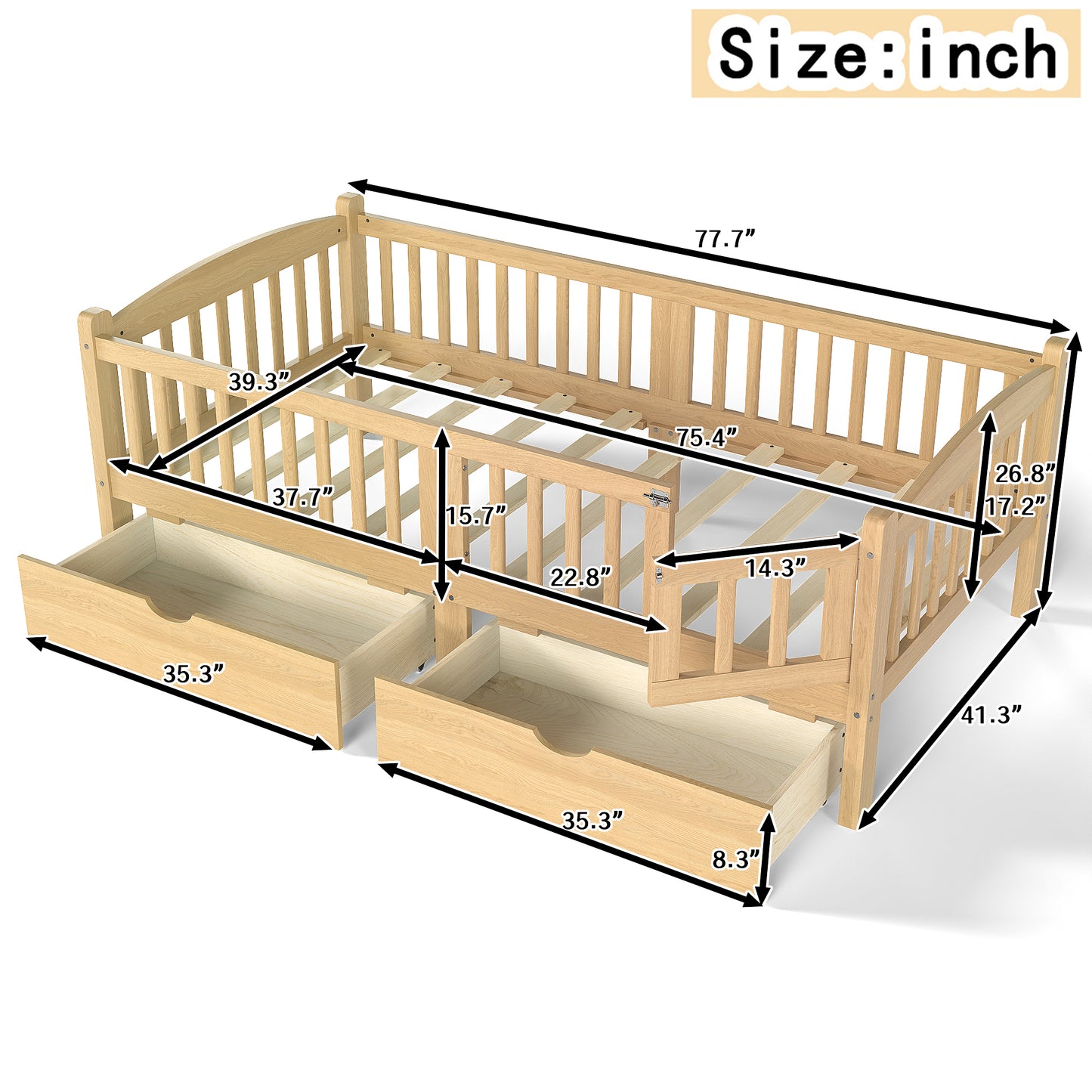 Twin Platform Bed With Full-length Guardrails, Kids Platform Bed With Storage Drawers, Childlike And Cute Headboard Design, Natural