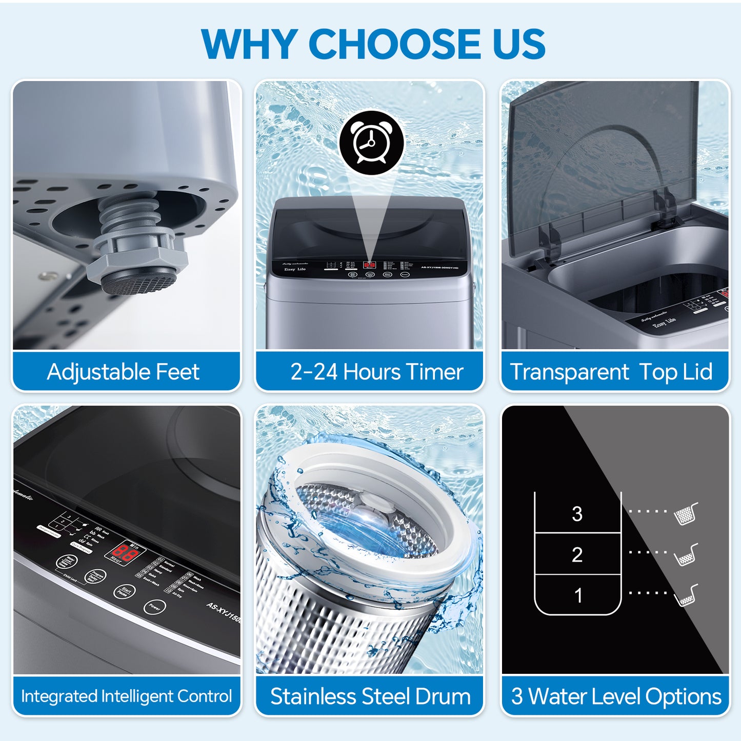 Portable Washing Machine, 7.7 Pounds, Fully Automatic Compact Model, Stainless Steel Tub, 10 Washing Modes, LED Display Screen
